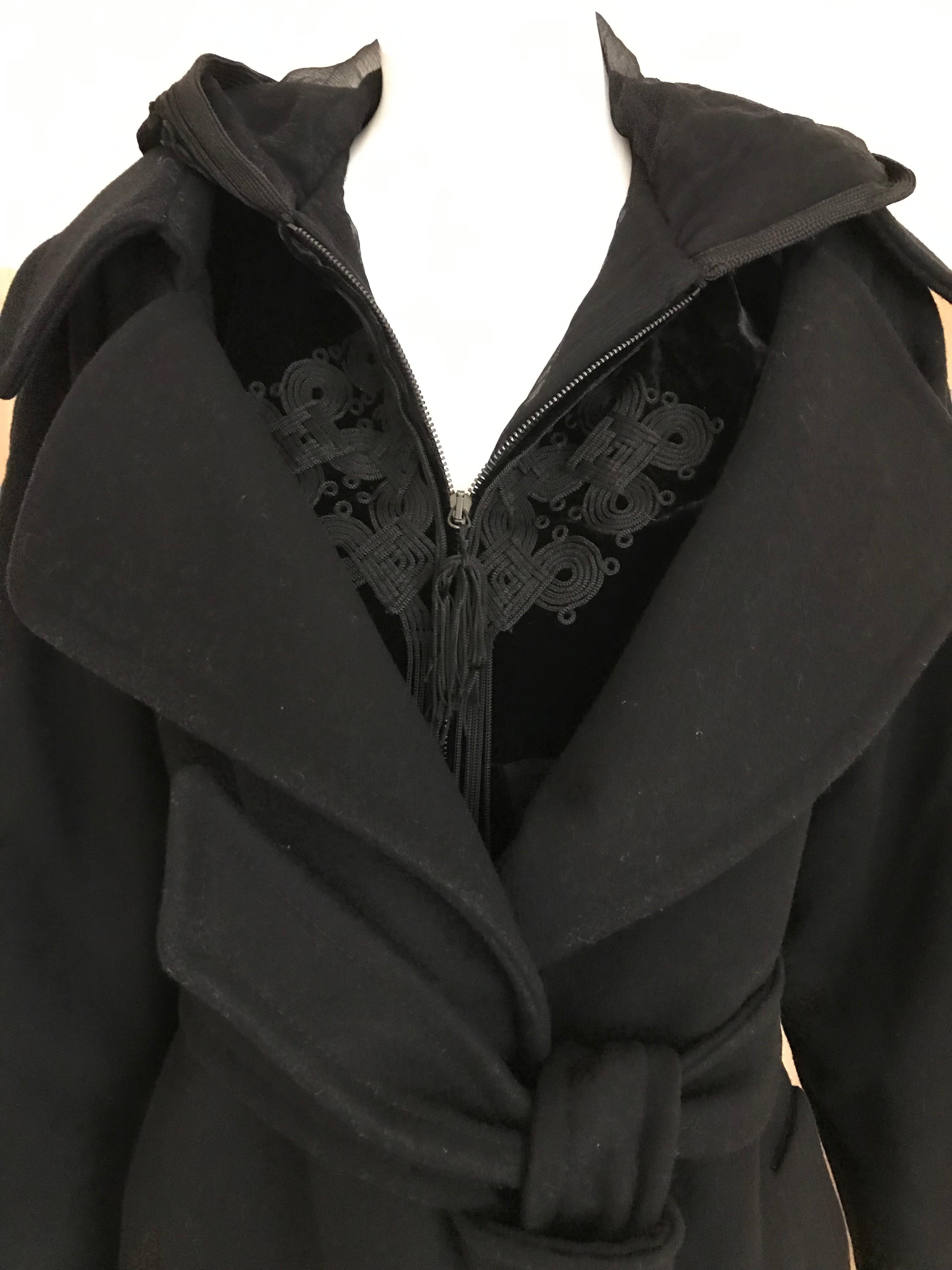 Jean Paul Gaultier Black Wool Coat with Silk Velvet Layer and Hood In Excellent Condition In Beverly Hills, CA