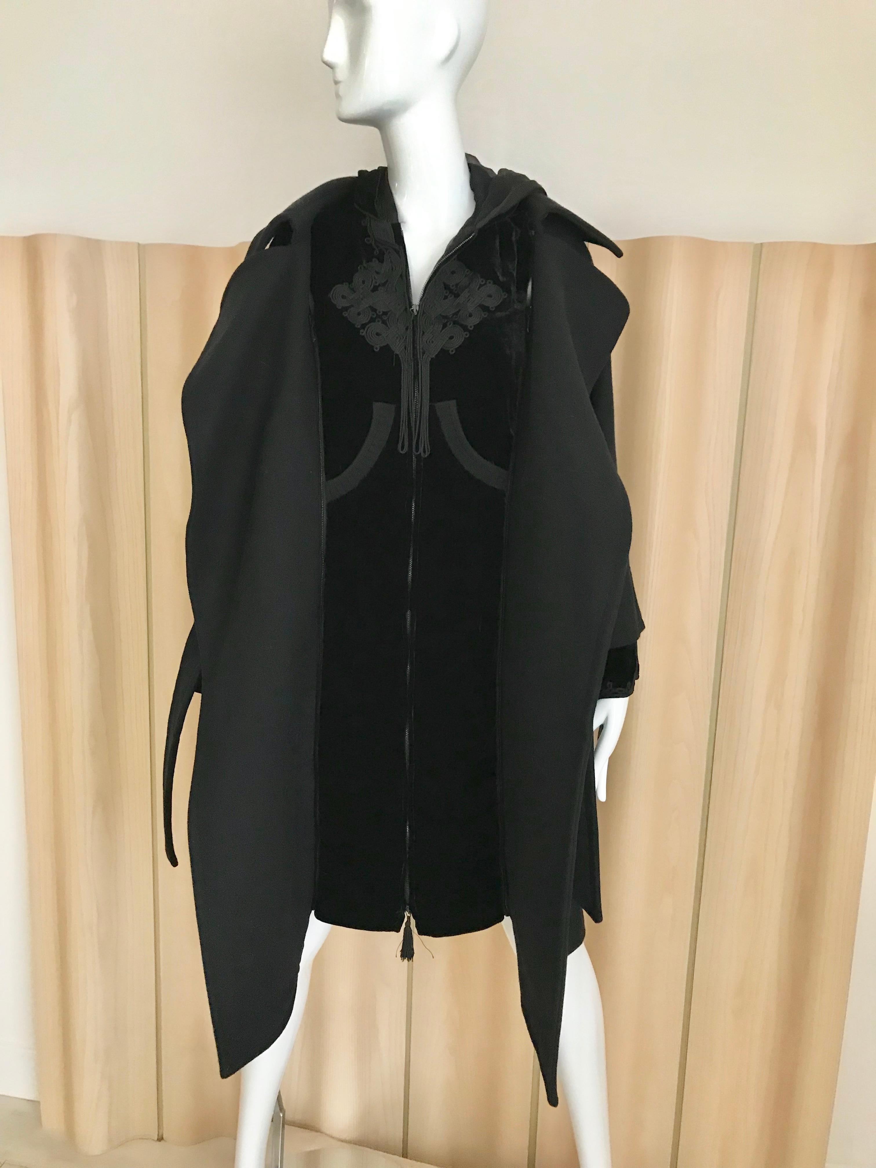 Women's Jean Paul Gaultier Black Wool Coat with Silk Velvet Layer and Hood