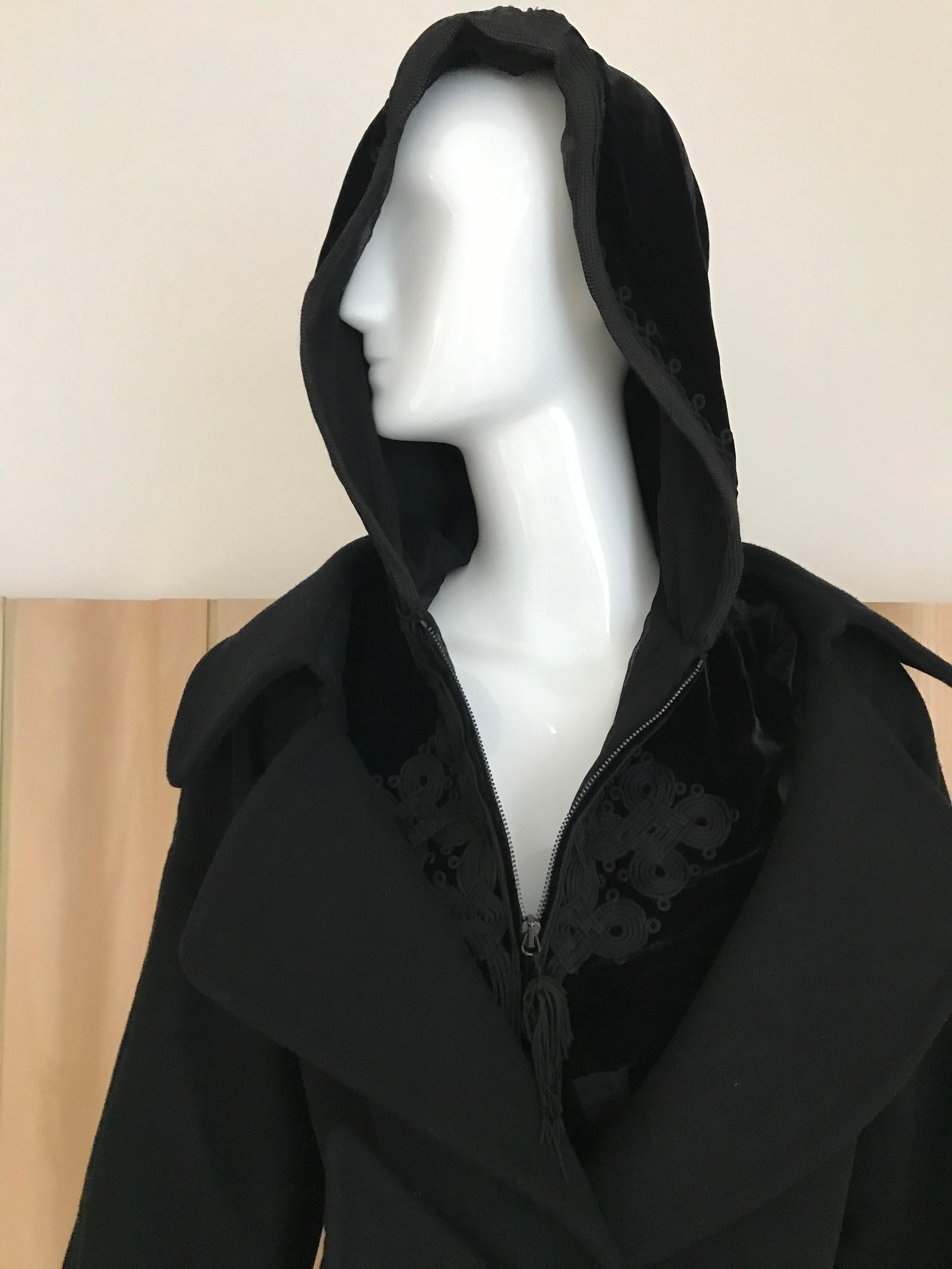 Jean Paul Gaultier Black Wool Coat with Silk Velvet Layer and Hood 3