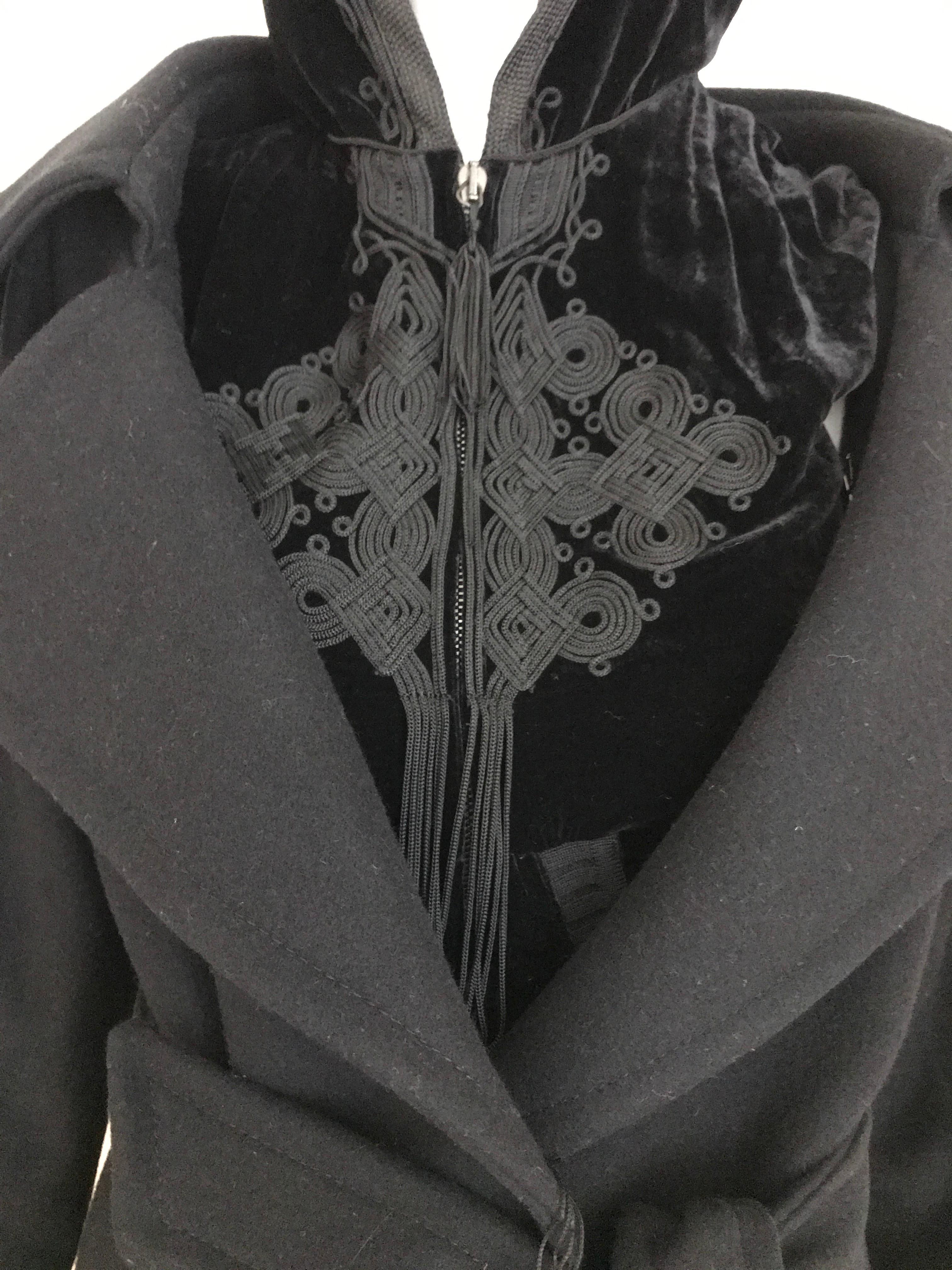 Jean Paul Gaultier Black Wool Coat with Silk Velvet Layer and Hood 4