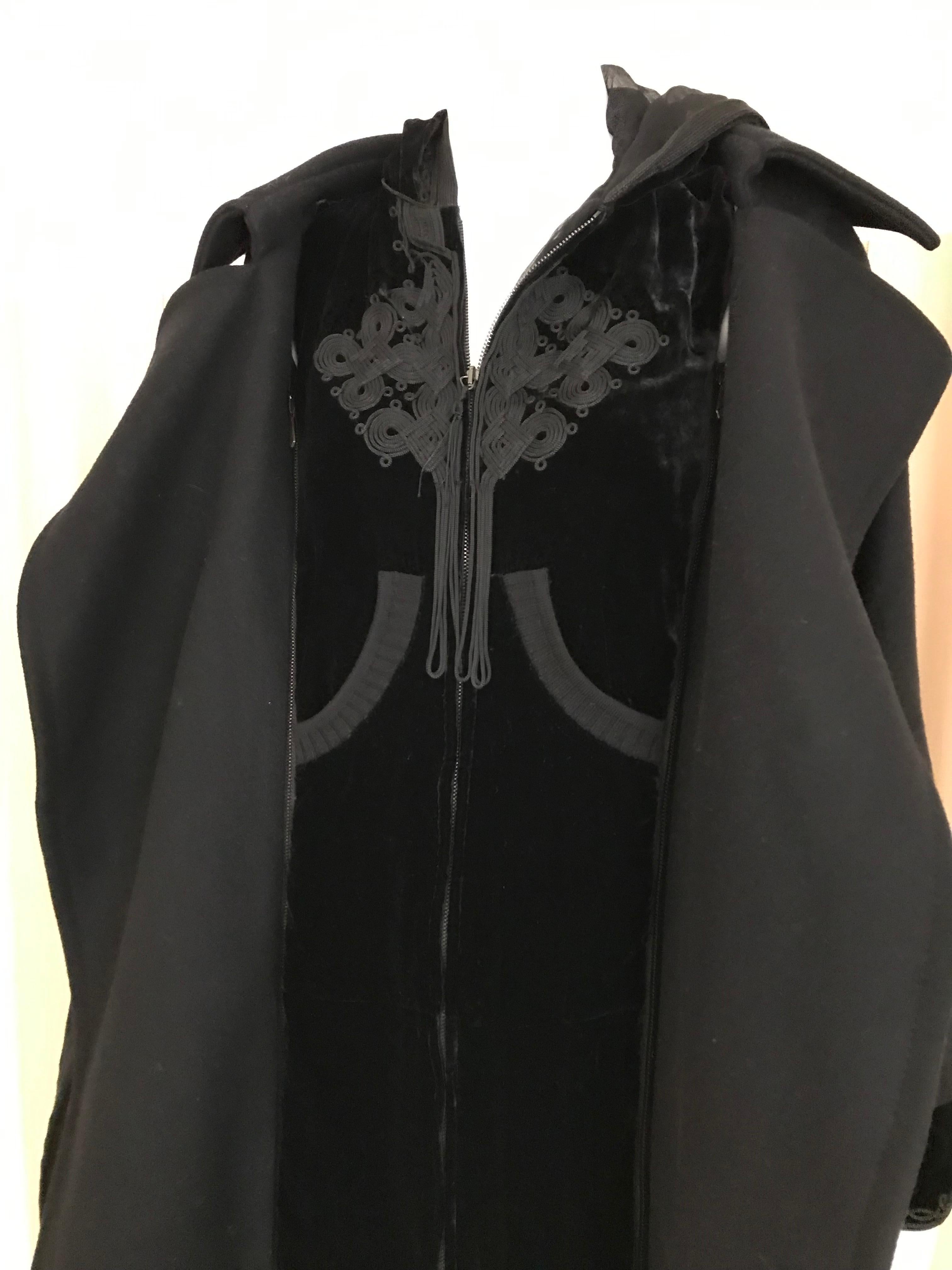 Jean Paul Gaultier Black Wool Coat with Silk Velvet Layer and Hood 5