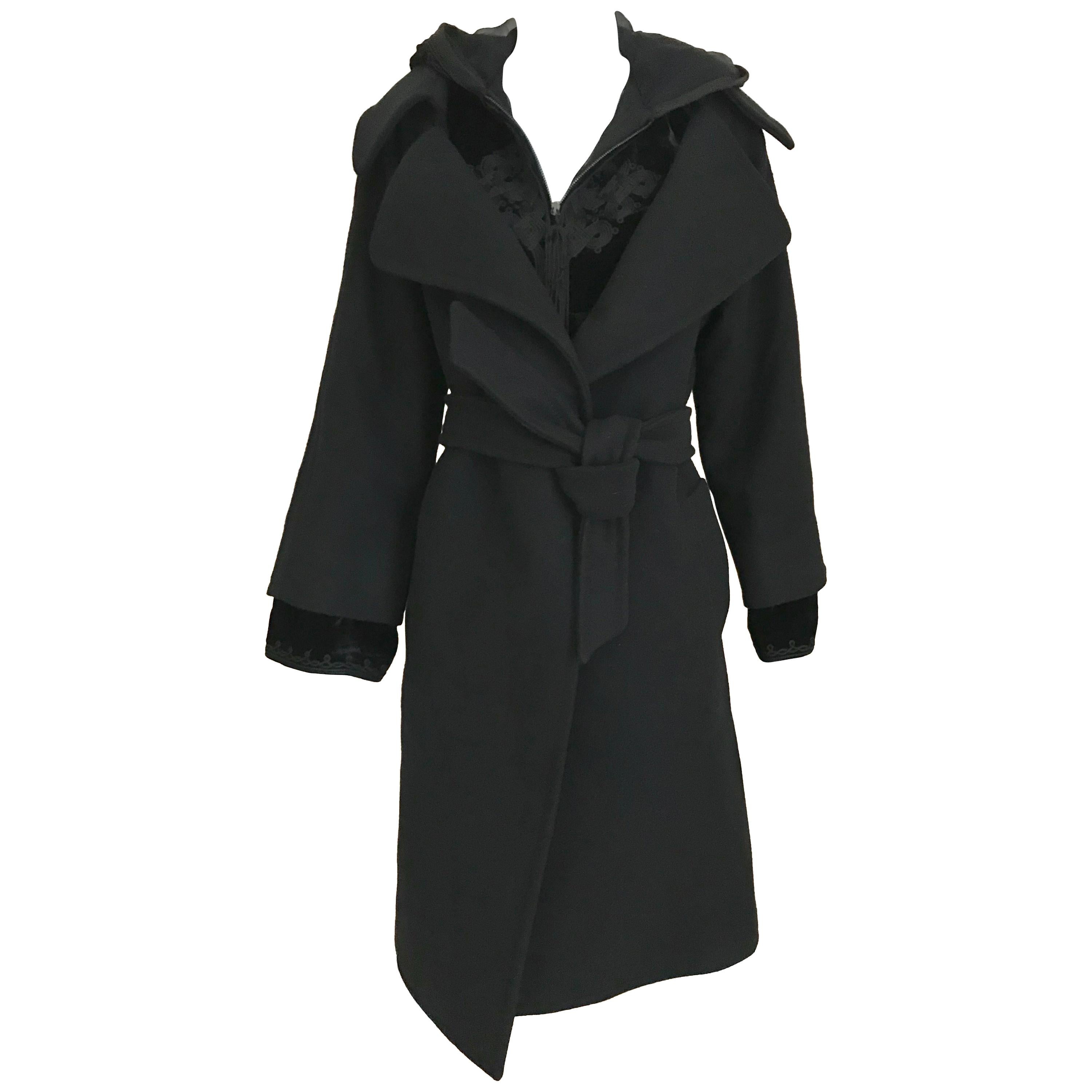 Jean Paul Gaultier Black Wool Coat with Silk Velvet Layer and Hood