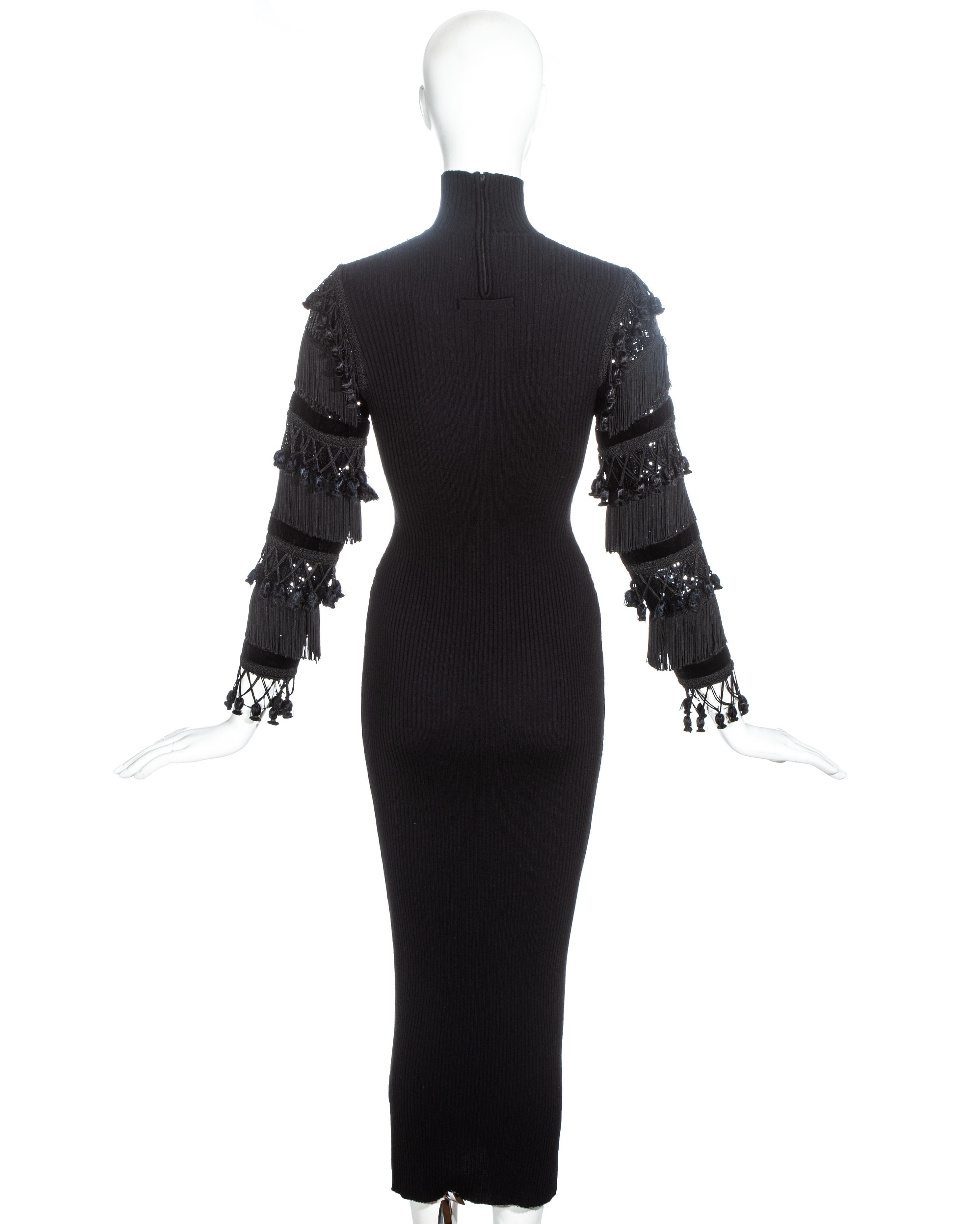 Jean Paul Gaultier black wool dress with tasseled and sequin sleeves, fw 1985 In Good Condition For Sale In London, GB