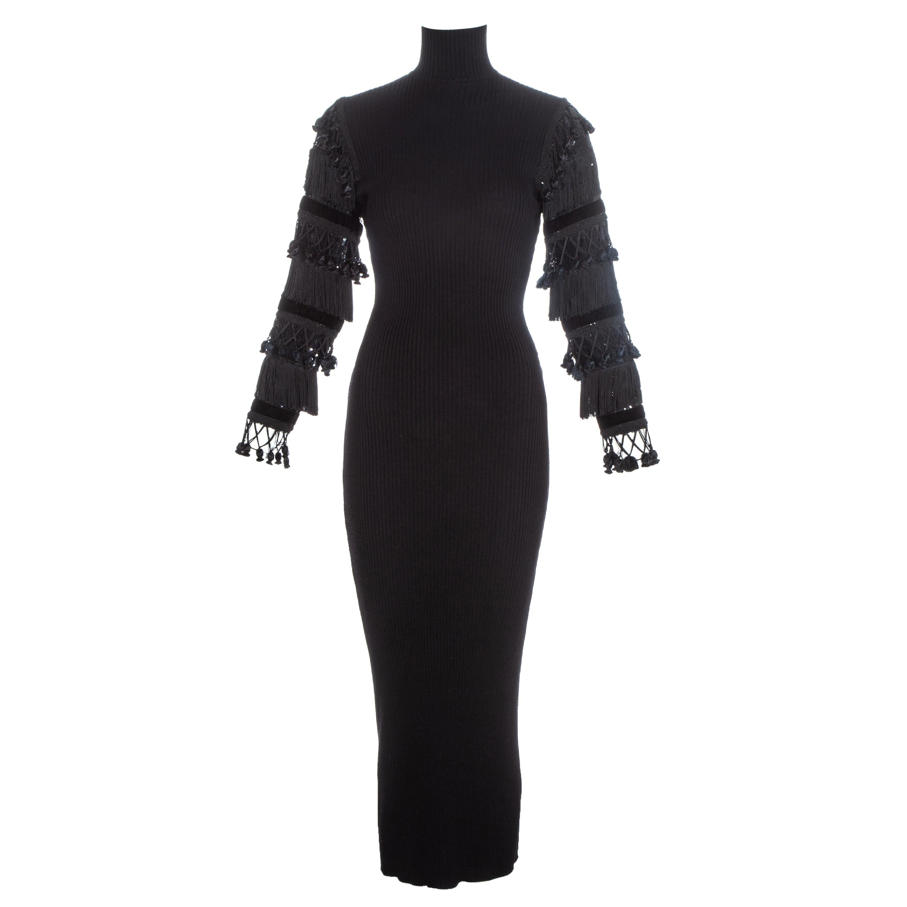 Jean Paul Gaultier black wool dress with tasseled and sequin sleeves, fw 1985 For Sale