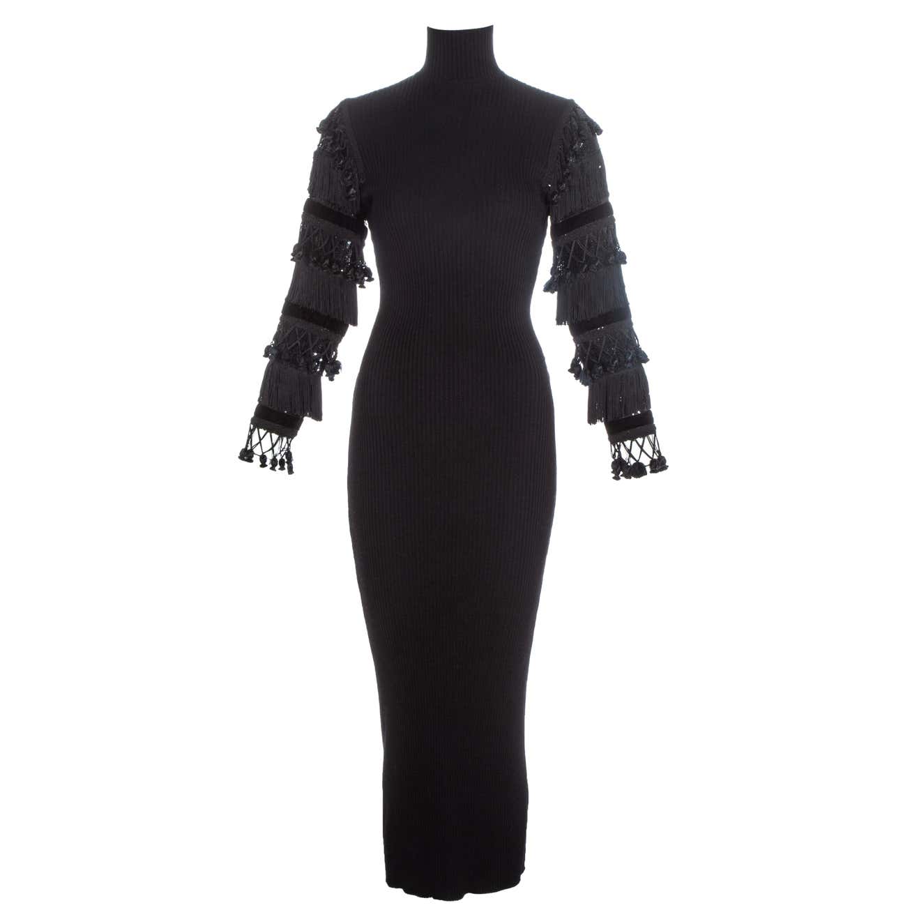 Jean Paul Gaultier black wool dress with tasseled and sequin sleeves ...