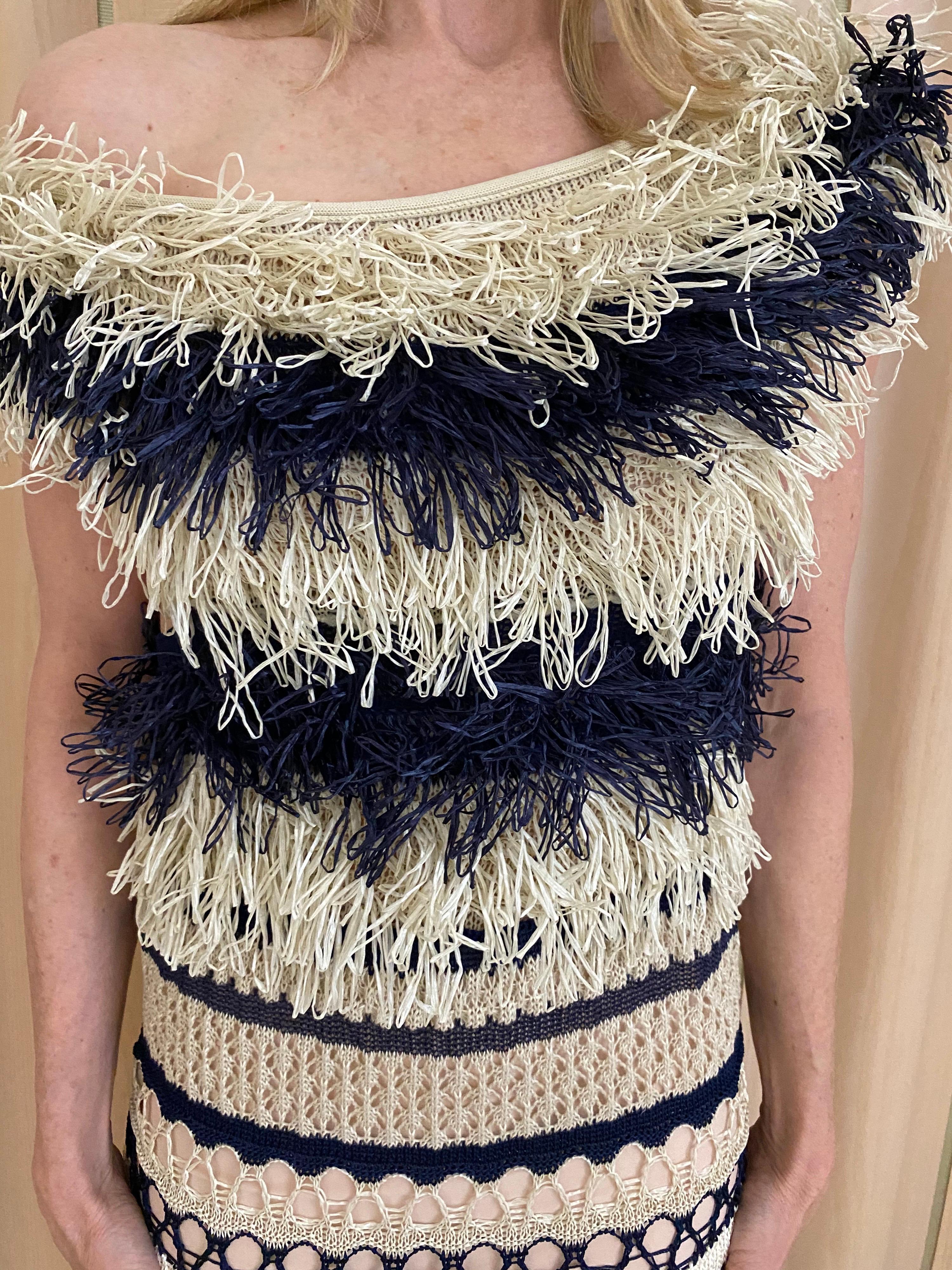 Jean Paul Gaultier blue and creme raffia knit crochet dress 6