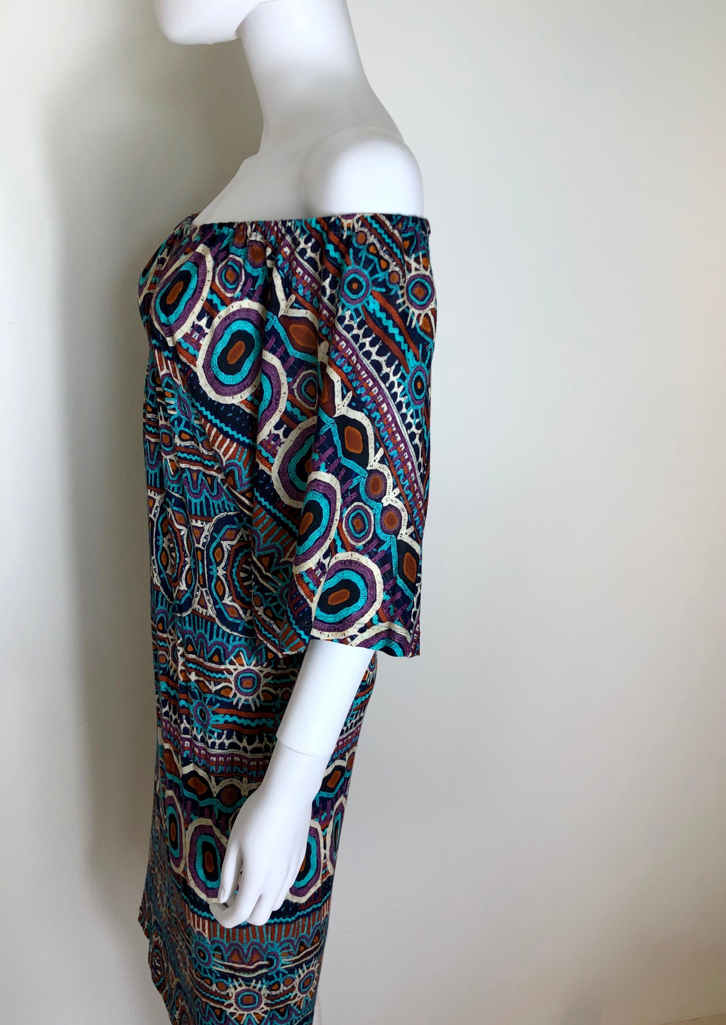Jean Paul Gaultier Blue, Black, Orange & Tan Scoop Neck / Off Shoulder Dress For Sale 9