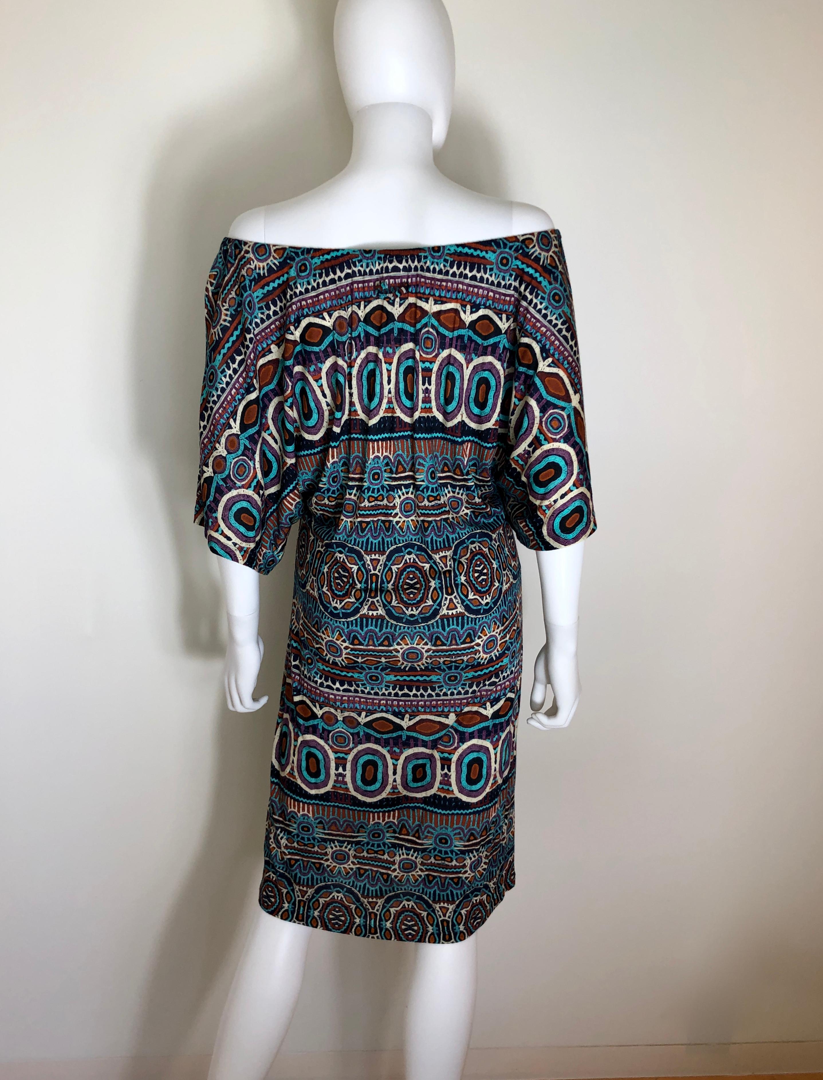 Jean Paul Gaultier Blue, Black, Orange & Tan Scoop Neck / Off Shoulder Dress For Sale 10