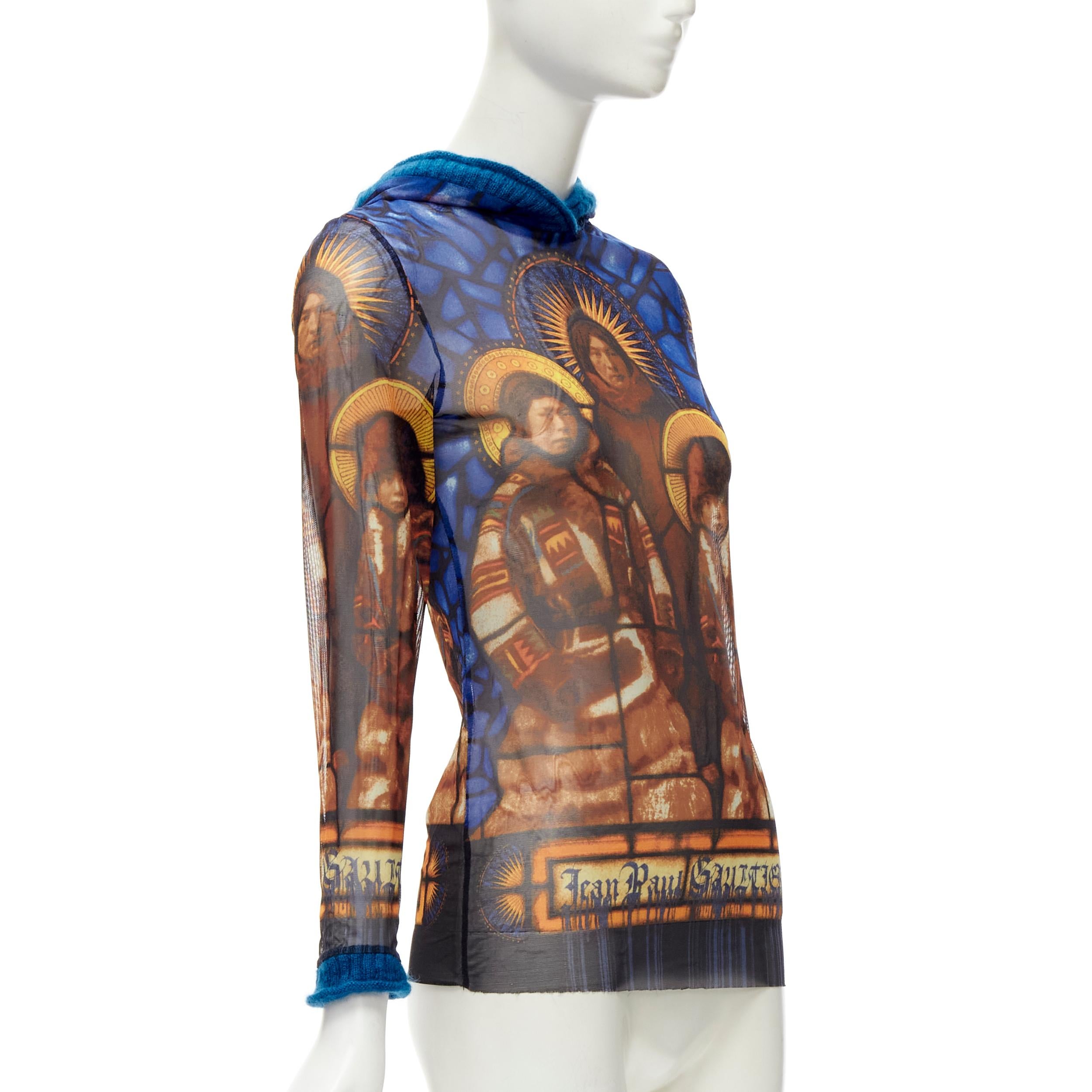 Marron Haut à capuche Jean-Paul Gaultier en laine bleue avec imprimé cathédrale et logo gothique, taille IT 40 S en vente