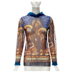 Haut à capuche Jean-Paul Gaultier en laine bleue avec imprimé cathédrale et logo gothique, taille IT 40 S