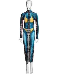 Jean Paul Gaultier blue cyber dot printed lycra bodycon dress, fw 1995