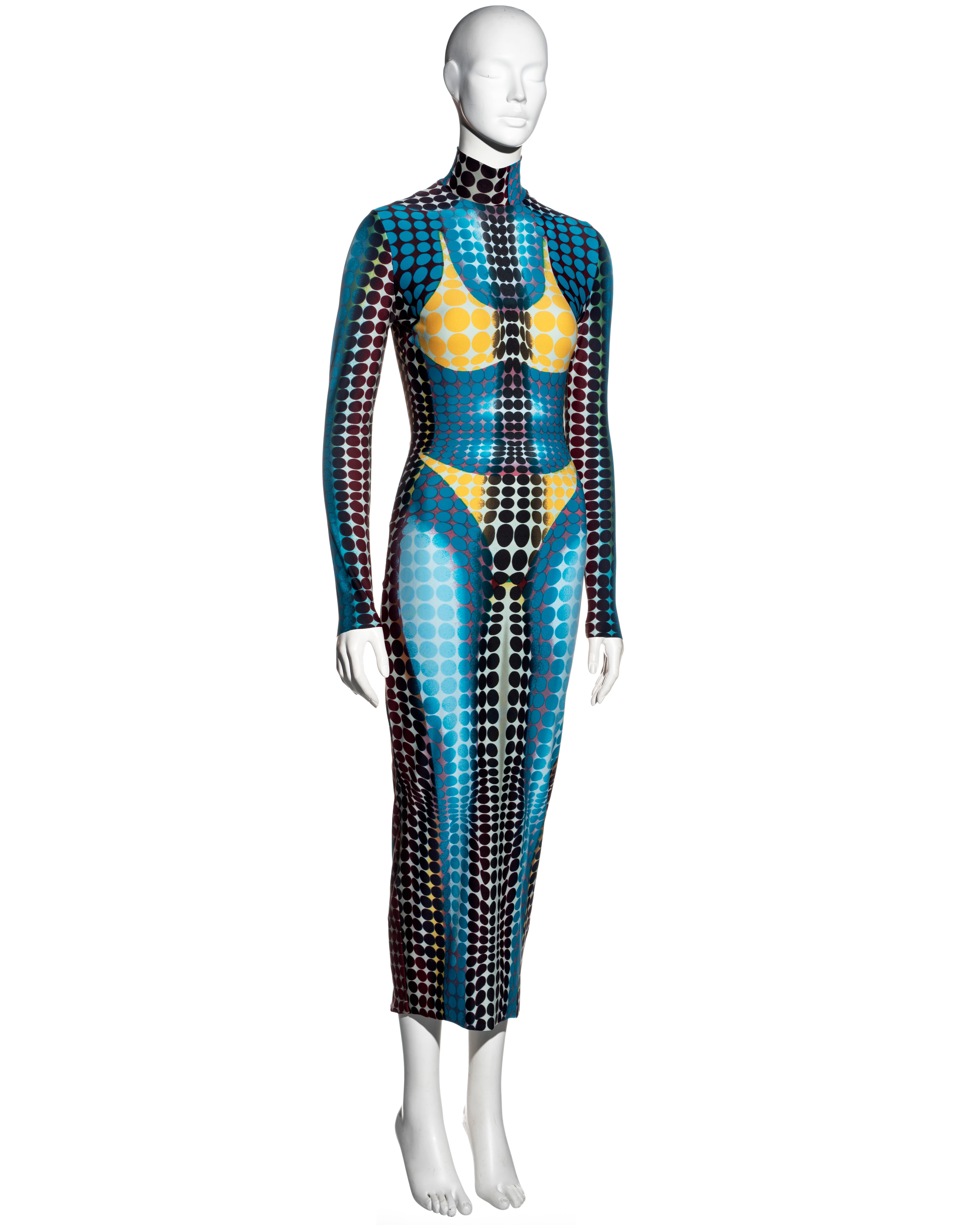 Jean Paul Gaultier Blaues Cyber-Dot bedrucktes Lycra-Bodycon-Kleid, fw 1995 Damen im Angebot