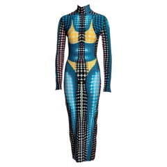 Jean Paul Gaultier Jeans, abito bodycon in lycra stampata a pois blu, fw 1995