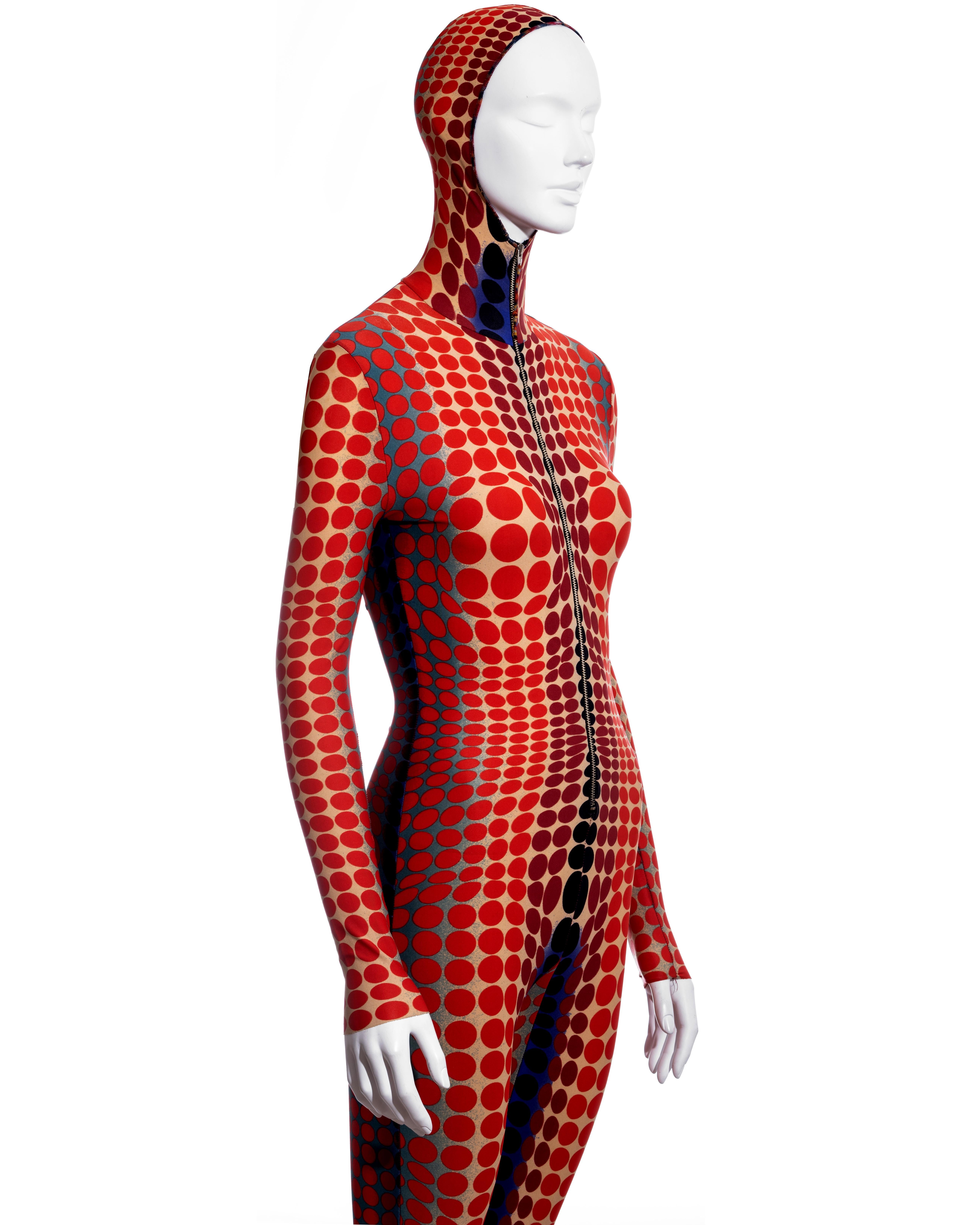 Jean Paul Gaultier red cyber dot printed lycra hooded catsuit, fw 1995 For Sale 2