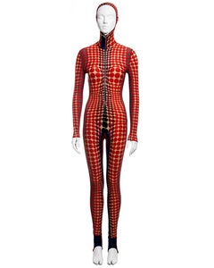 Jean Paul Gaultier red cyber dot printed lycra hooded catsuit, fw 1995