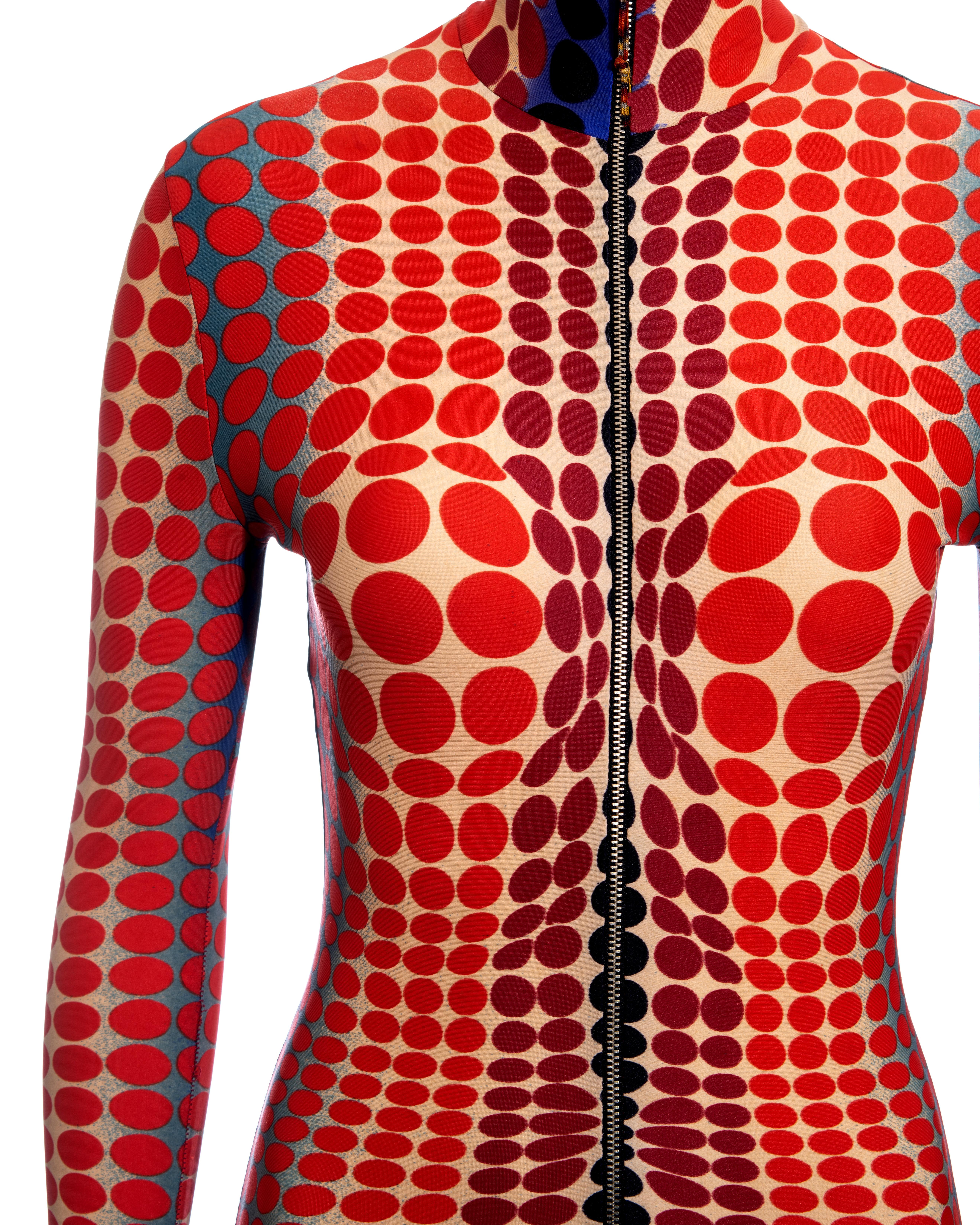 Jean Paul Gaultier red cyber dot printed lycra hooded catsuit, fw 1995 In Excellent Condition For Sale In London, GB