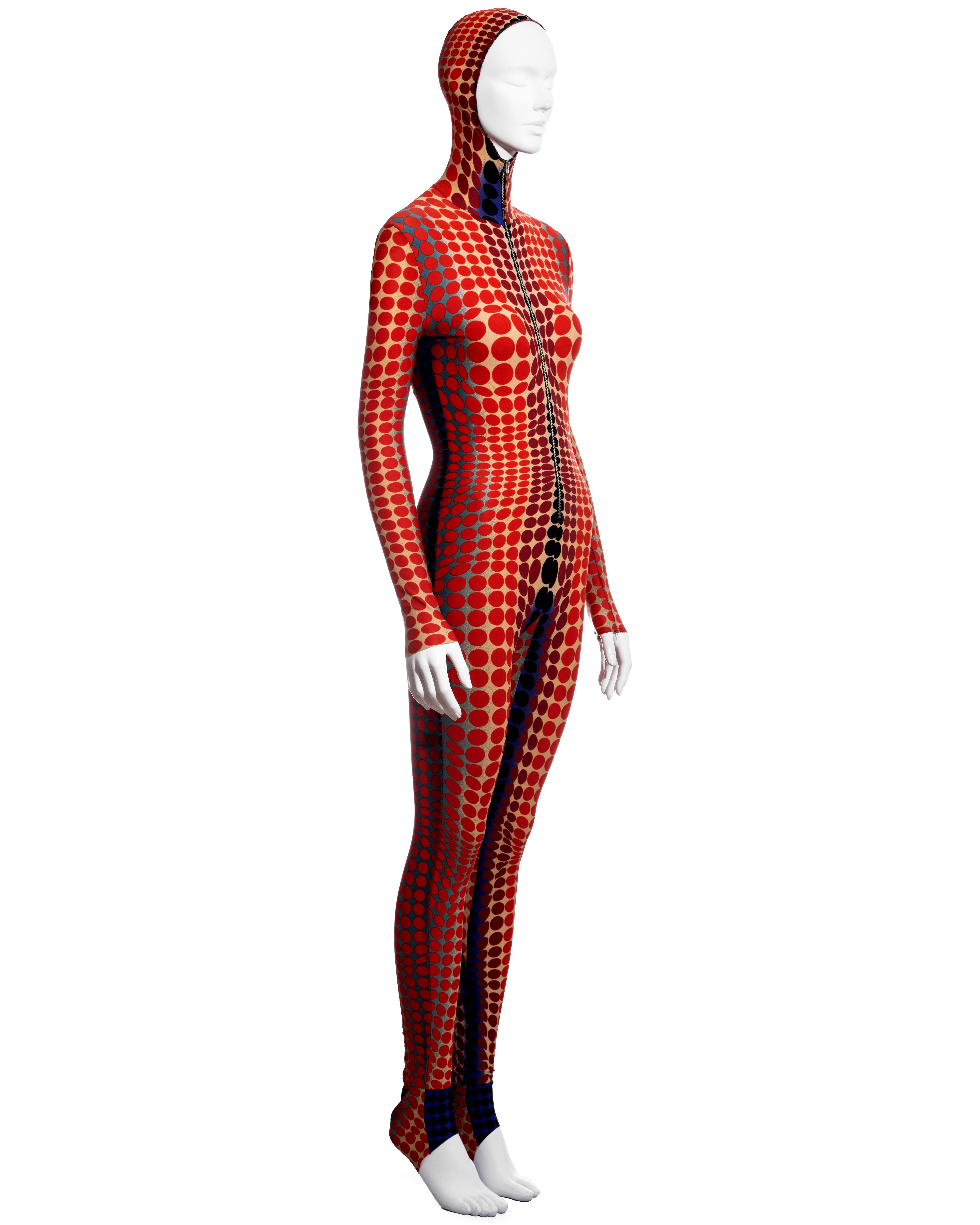 Women's Jean Paul Gaultier red cyber dot printed lycra hooded catsuit, fw 1995 For Sale