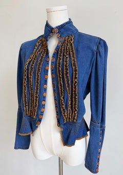 Jean Paul Gaultier Blue Denim Peplum Jacket w/ Ruffle Trim & Button Closure