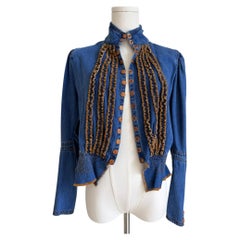 Jean Paul Gaultier Blue Denim Peplum Jacket w/ Ruffle Trim & Button Closure