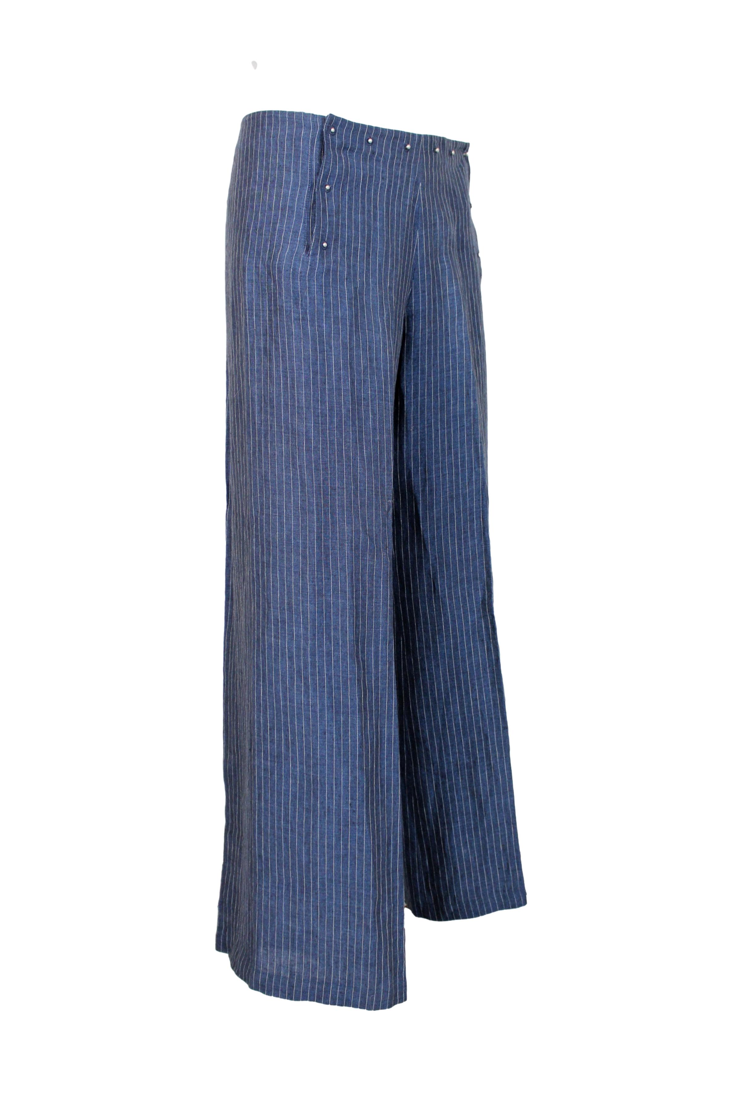Jean Paul Gaultier Blue Gray Linen Striped Trousers In Excellent Condition In Brindisi, Bt