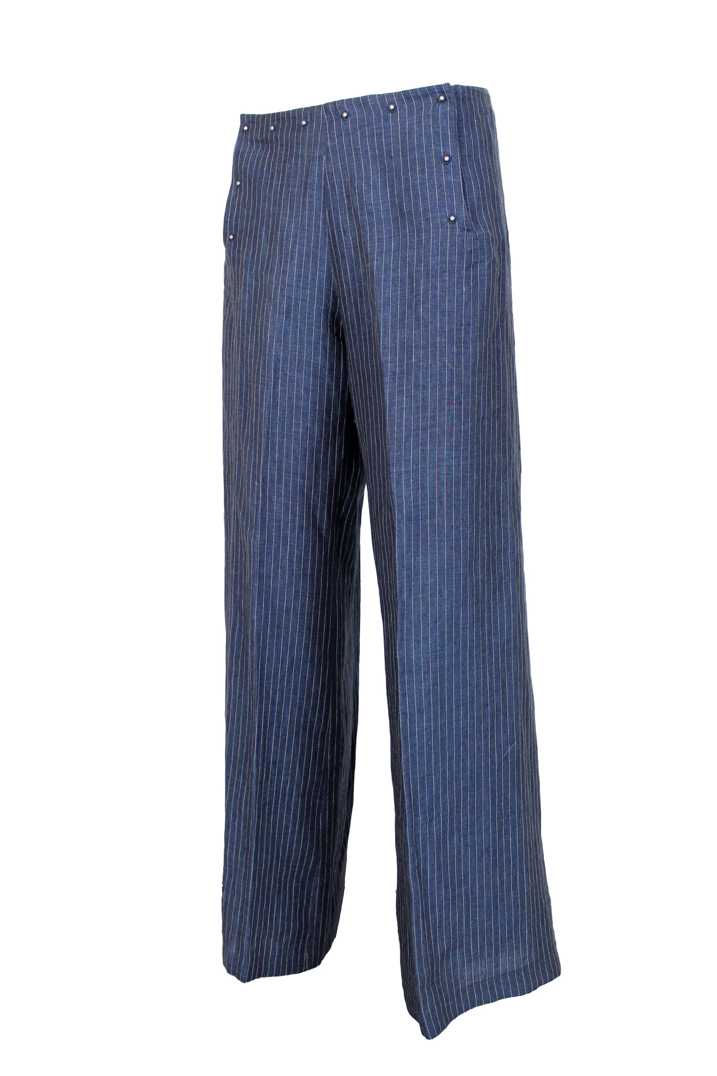 Women's Jean Paul Gaultier Blue Gray Linen Striped Trousers