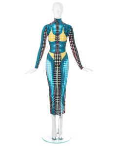 Jean Paul Gaultier blue lycra spandex figure hugging evening dress, fw 1995