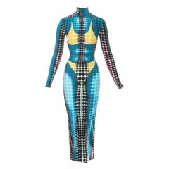 Jean Paul Gaultier blue lycra spandex figure hugging evening dress, fw 1995