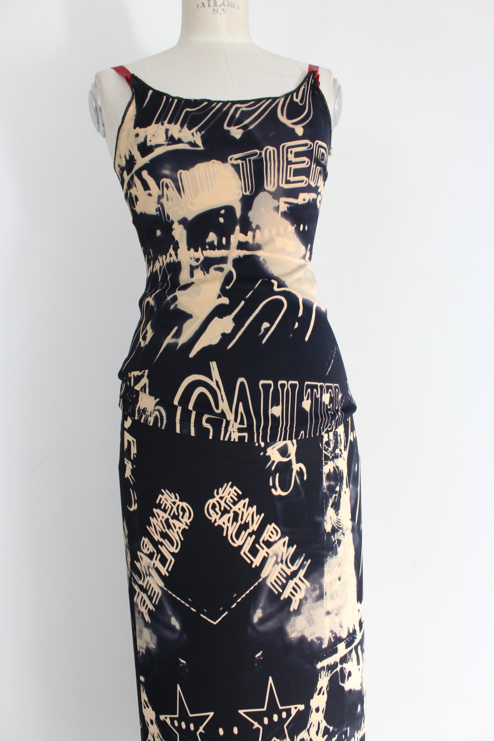 Jean Paul Gaultier Blue Navy Beige Skirt Suit Dress Monogram Graffiti 1998 In Excellent Condition In Brindisi, Bt