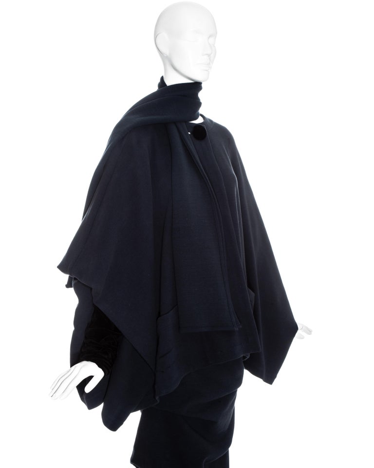 Jean Paul Gaultier blue wool and velvet cape jacket, skirt and scarf ...