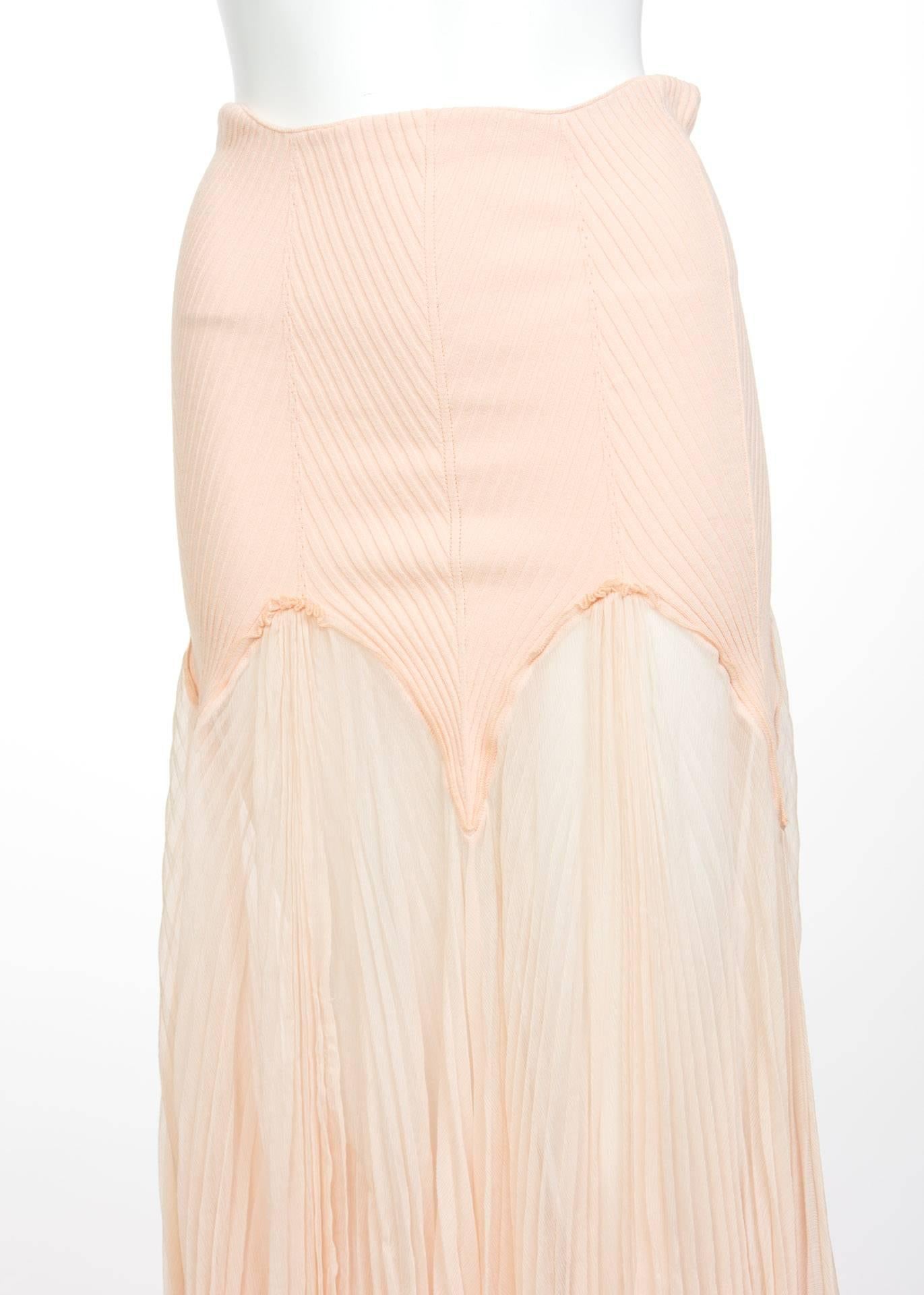 Jean Paul Gaultier Blush Crinkle Silk Chiffon Rib Knit Yoke Skirt, 2000s In Excellent Condition For Sale In Boca Raton, FL