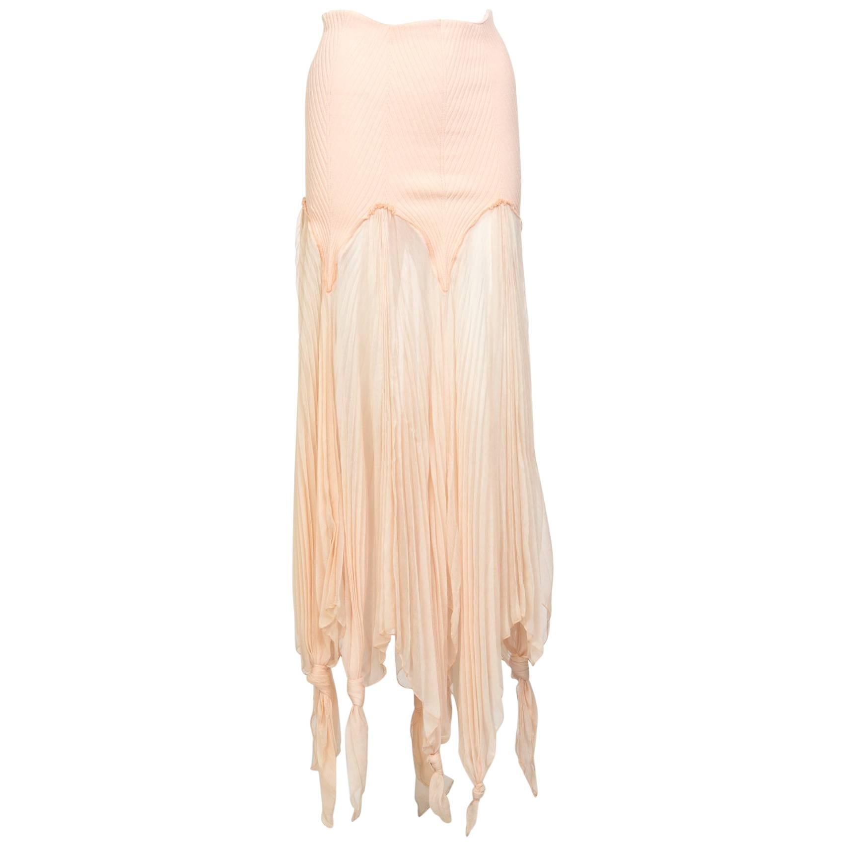 Jean Paul Gaultier Blush Crinkle Silk Chiffon Rib Knit Yoke Skirt, 2000s For Sale