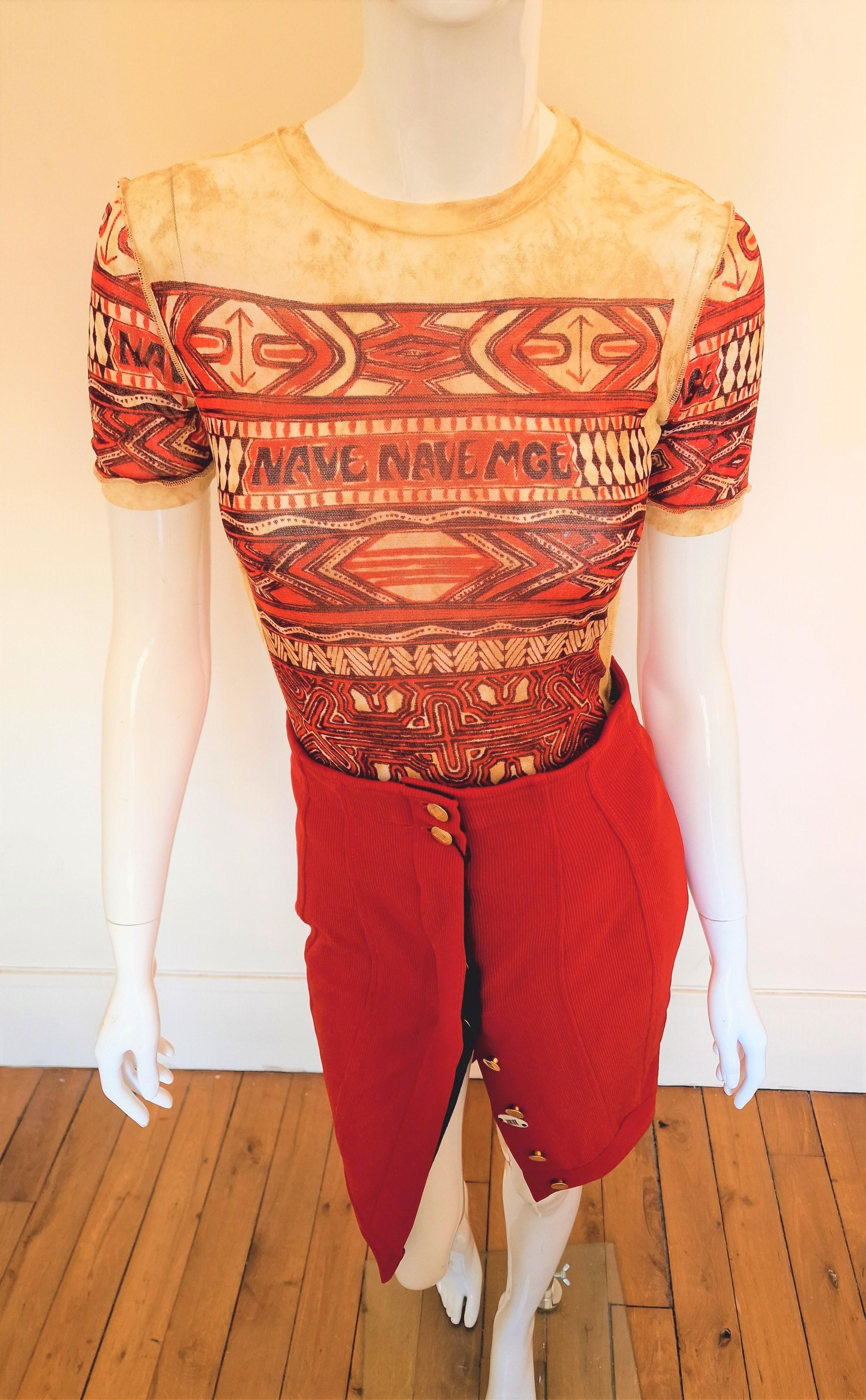 Jean Paul Gaultier Bodycon Red Junior High Waist Tattoo Vintage 90s Midi Skirt For Sale 6