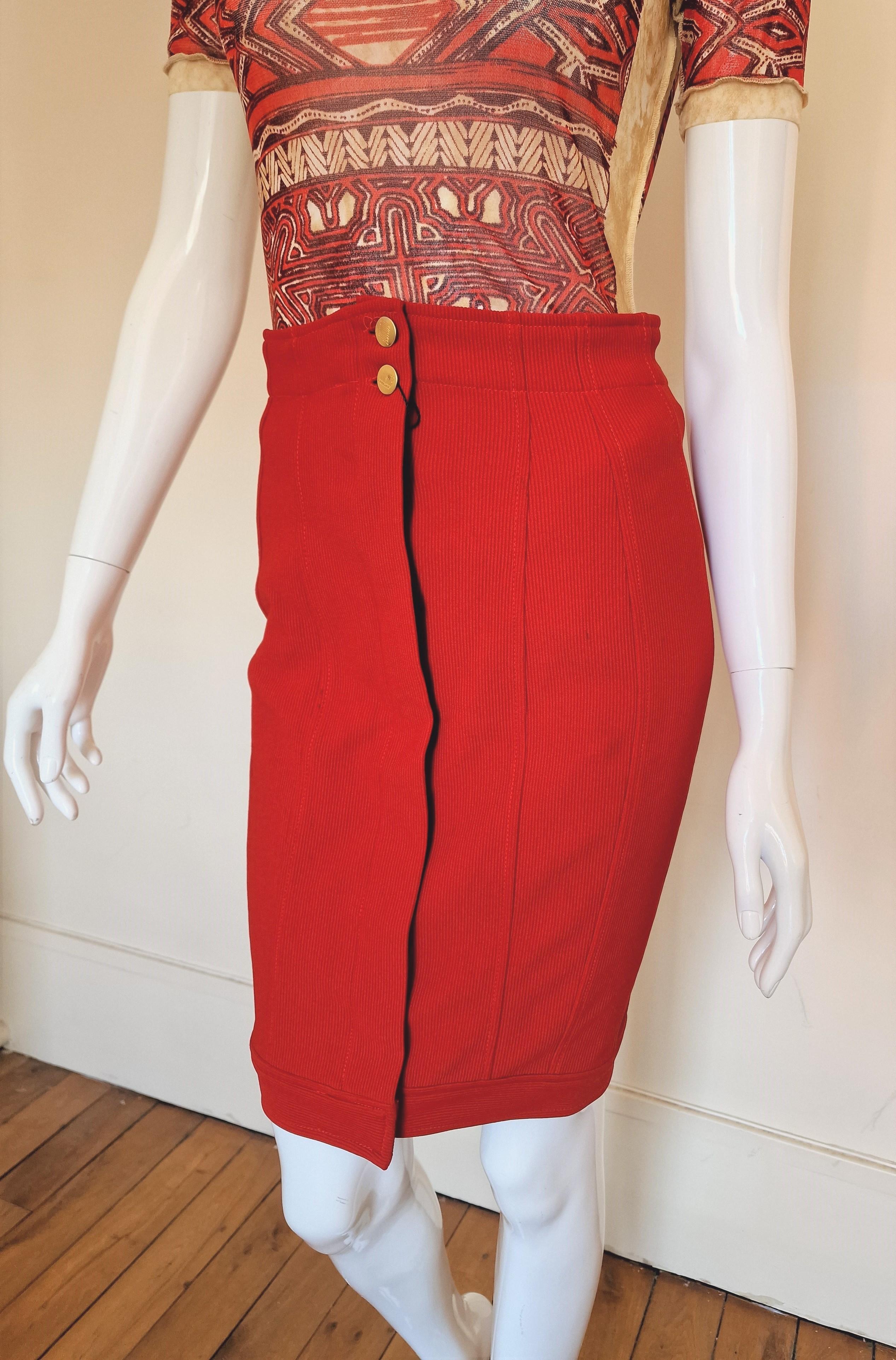 Jean Paul Gaultier Bodycon Red Junior High Waist Tattoo Vintage 90s Midi Skirt In New Condition For Sale In PARIS, FR