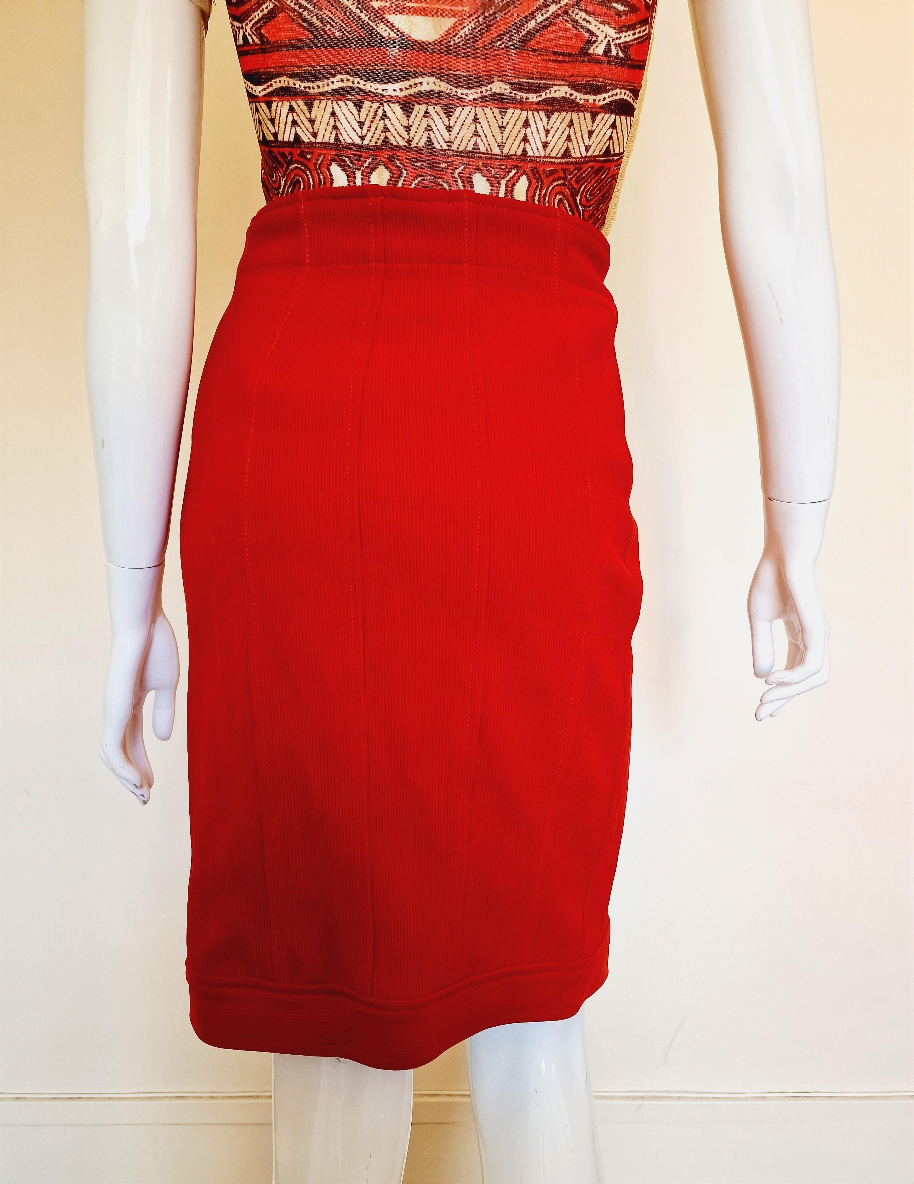 Jean Paul Gaultier Bodycon Red Junior High Waist Tattoo Vintage 90s Midi Skirt For Sale 3