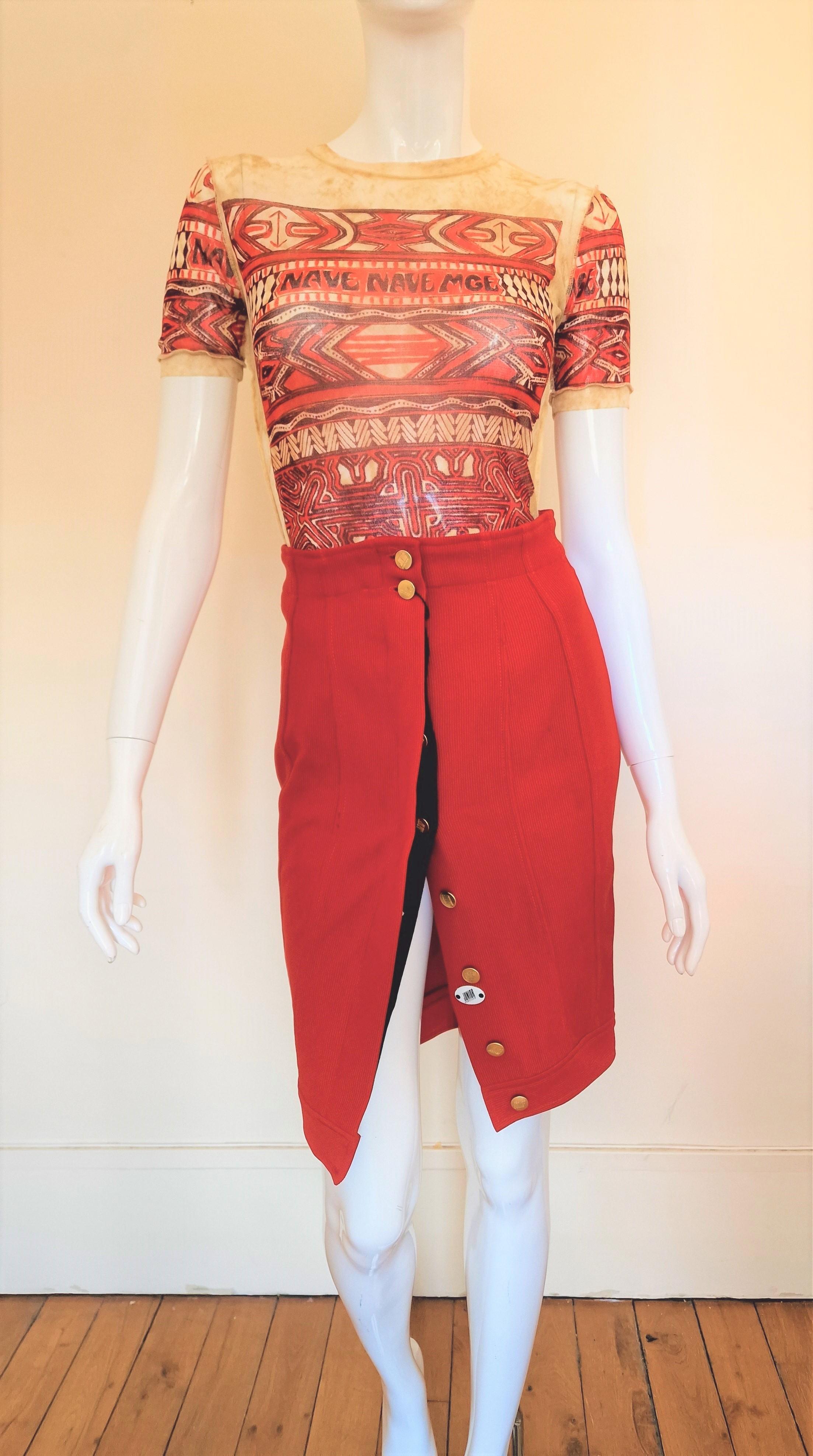 Jean Paul Gaultier Bodycon Red Junior High Waist Tattoo Vintage 90s Midi Skirt For Sale 4