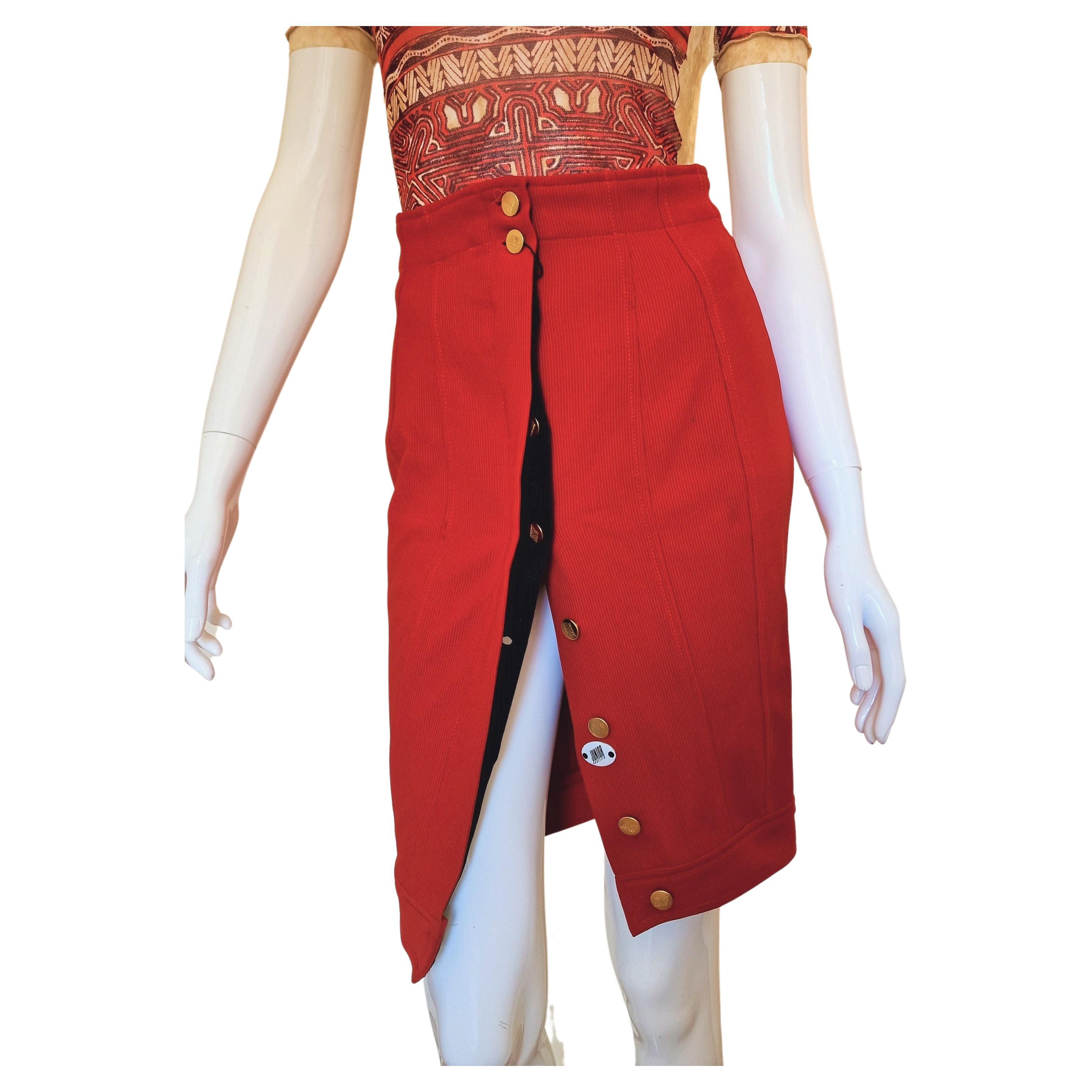 Jean Paul Gaultier Bodycon Red Junior High Waist Tattoo Vintage 90s Midi Skirt For Sale