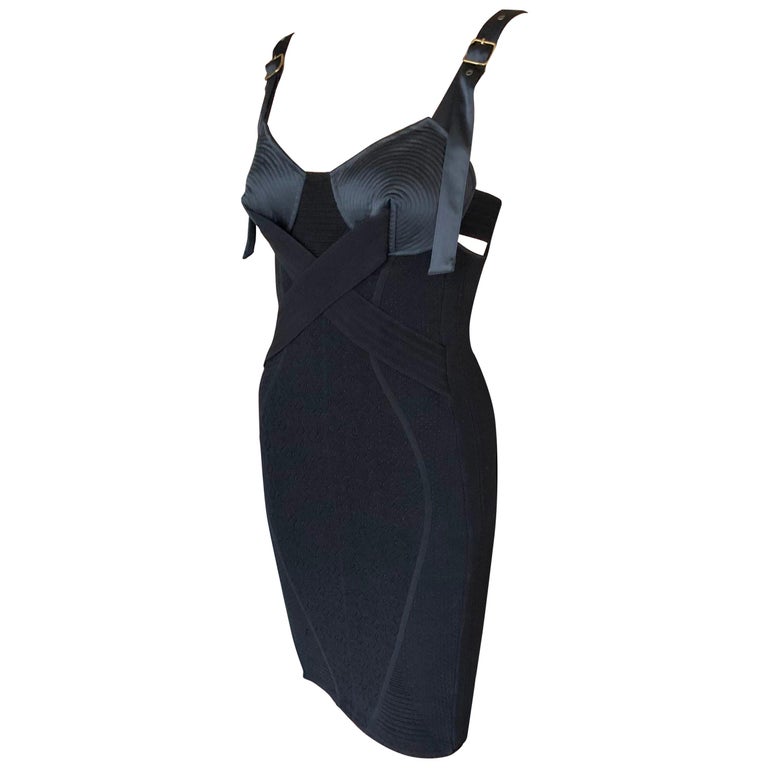 Jean Paul Gaultier Bondage Cone Bra Bodycon Knit Black Mini Dress For Sale  at 1stDibs