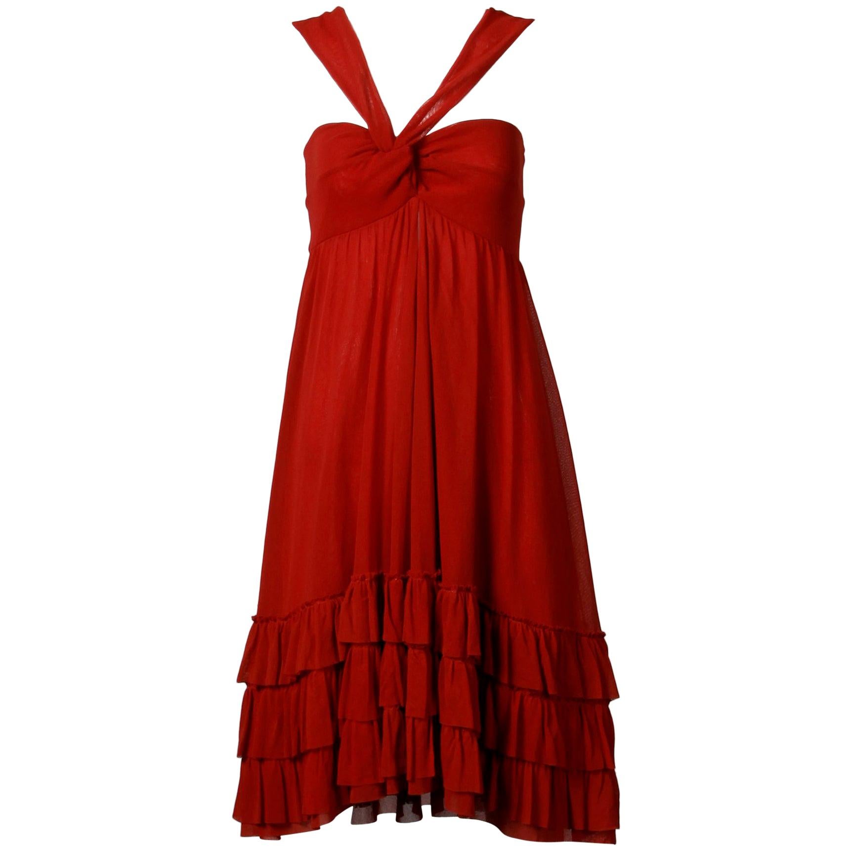 Jean Paul Gaultier Brick Red Mesh Dress with Ruffled Hemline For Sale