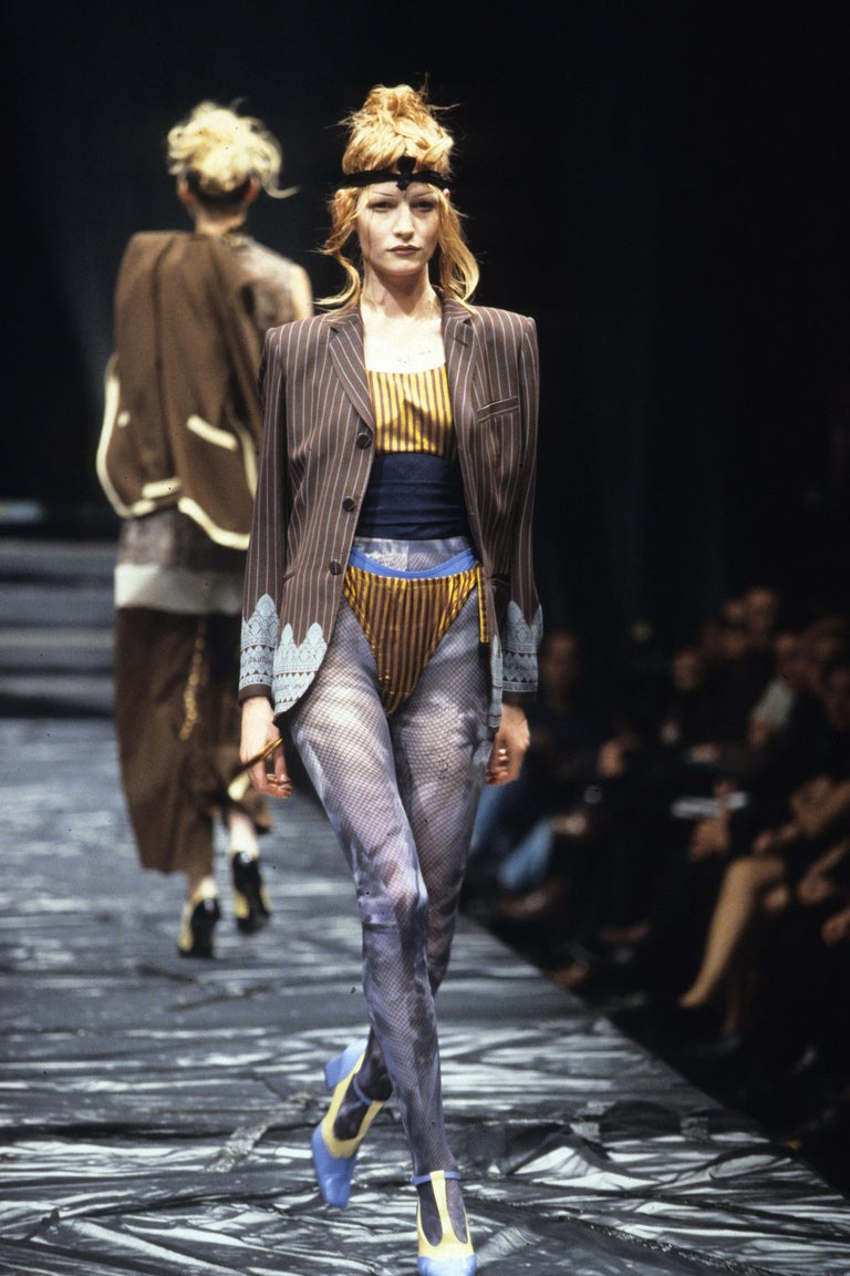 Jean Paul Gaultier brown and blue pinstripe pant suit, ss 1997 For