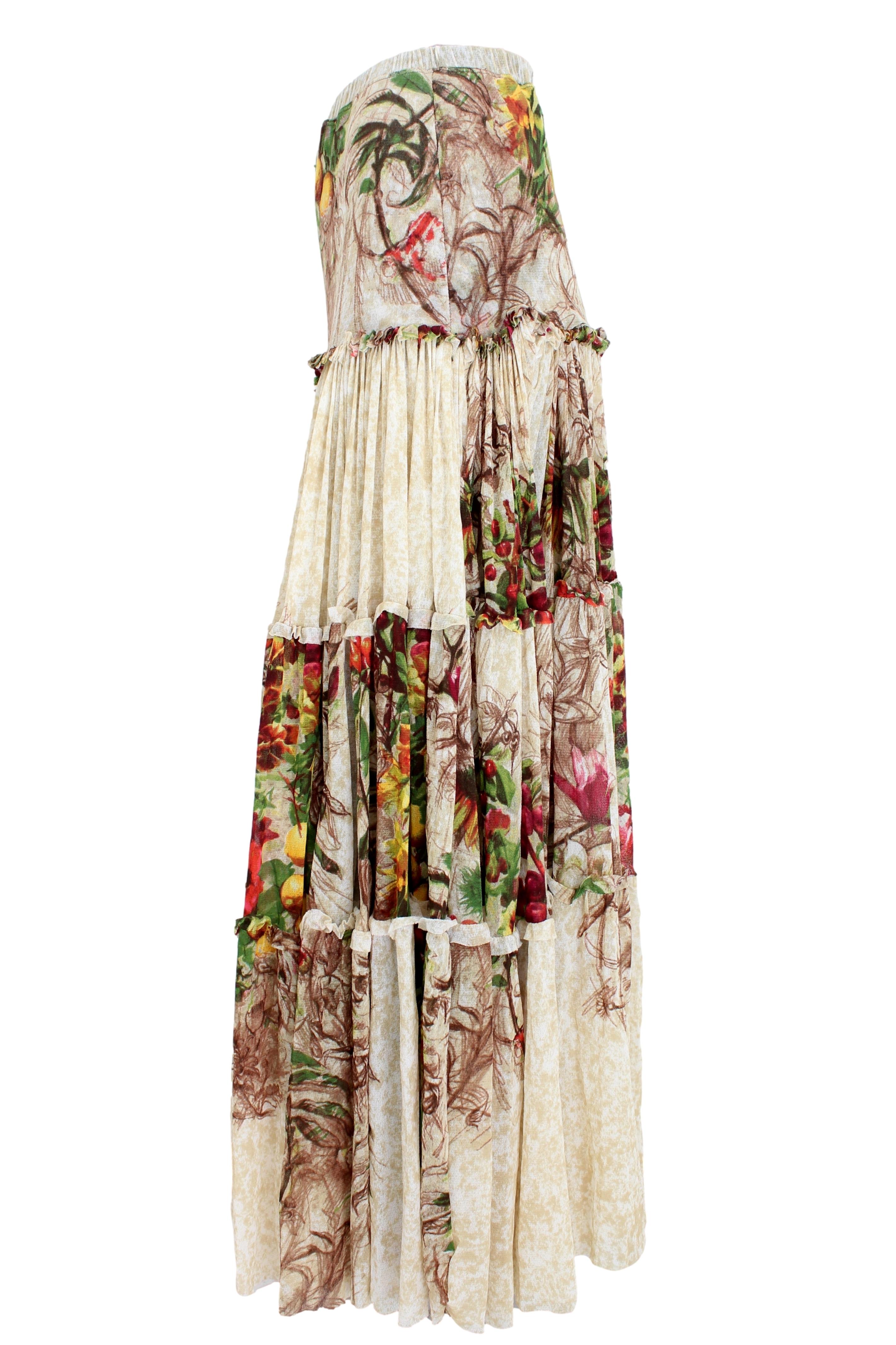 Jean Paul Gaultier Brown Beige Floral Micro Mesh Long Skirt In Excellent Condition In Brindisi, Bt