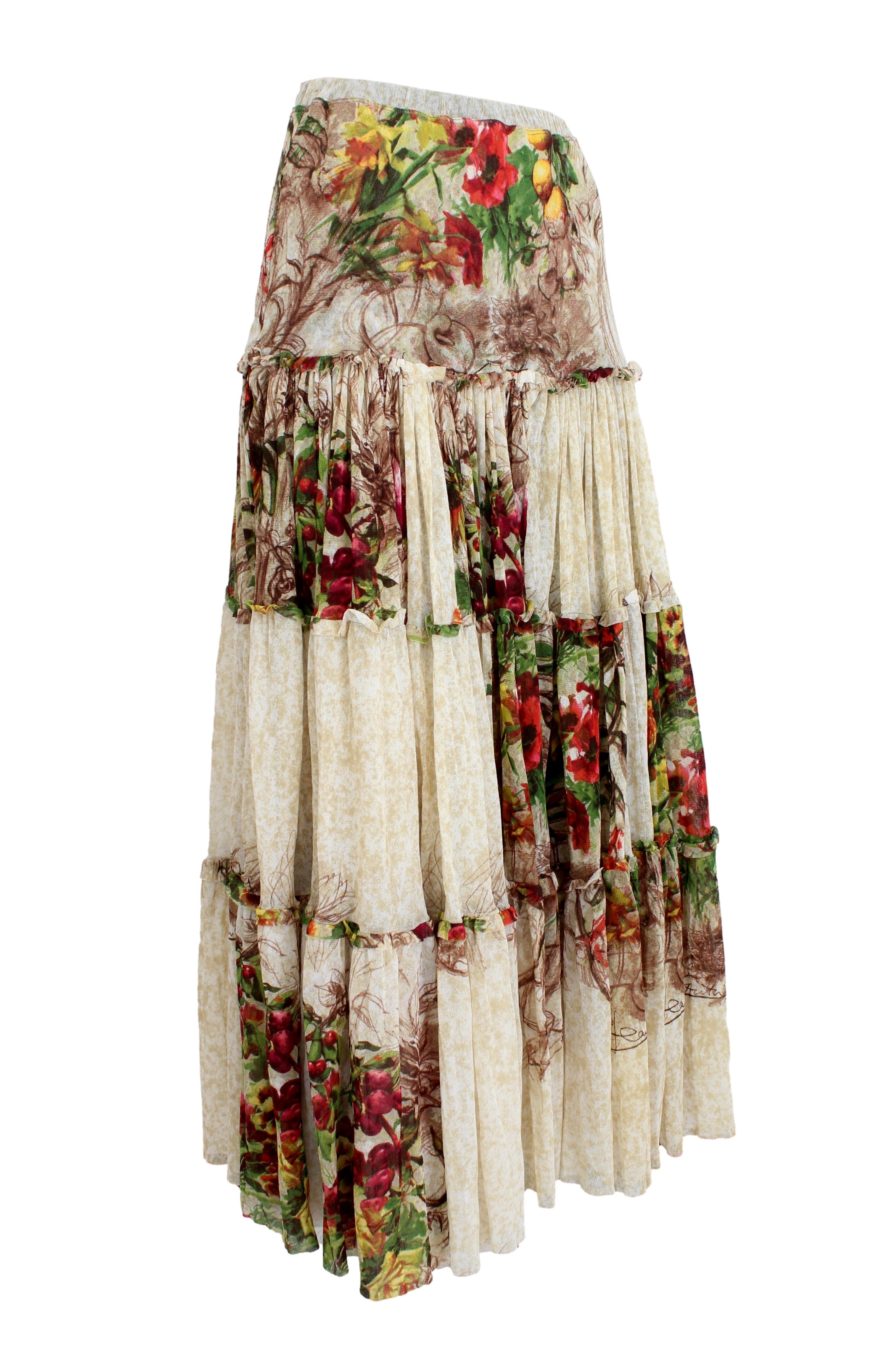 Women's Jean Paul Gaultier Brown Beige Floral Micro Mesh Long Skirt