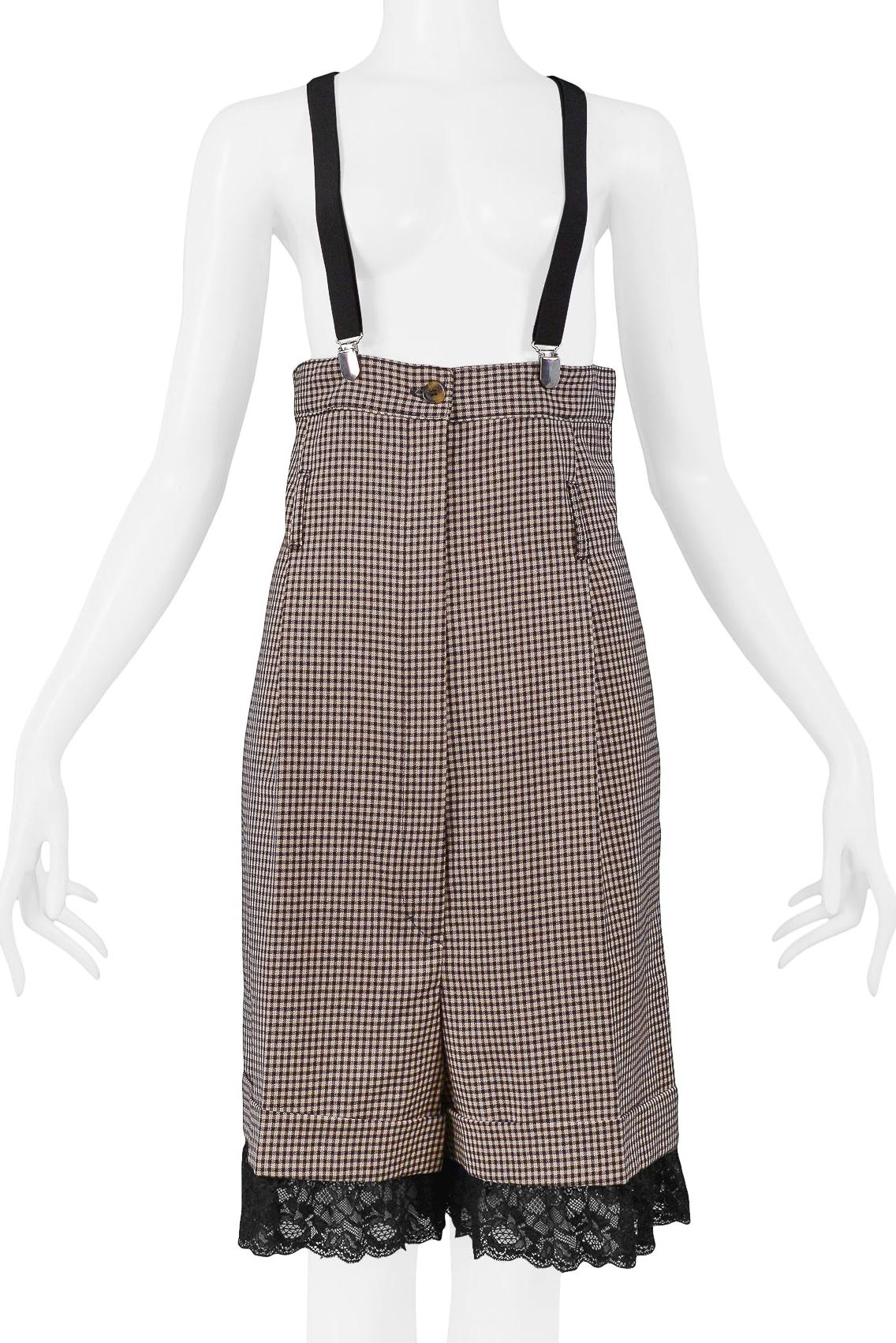 Jean Paul Gaultier Brown Check High Waisted Suspender Shorts (Grau) im Angebot