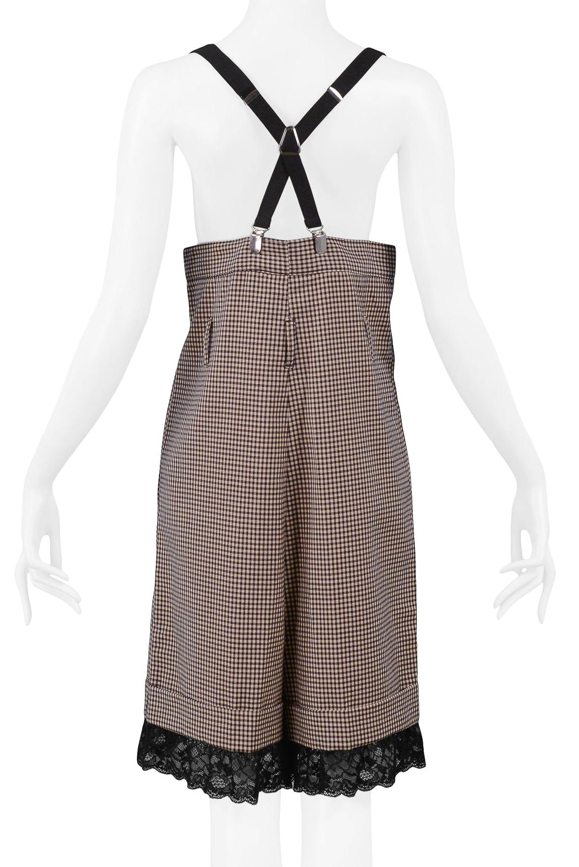 Gray Jean Paul Gaultier Brown Check High Waisted Suspender Shorts For Sale