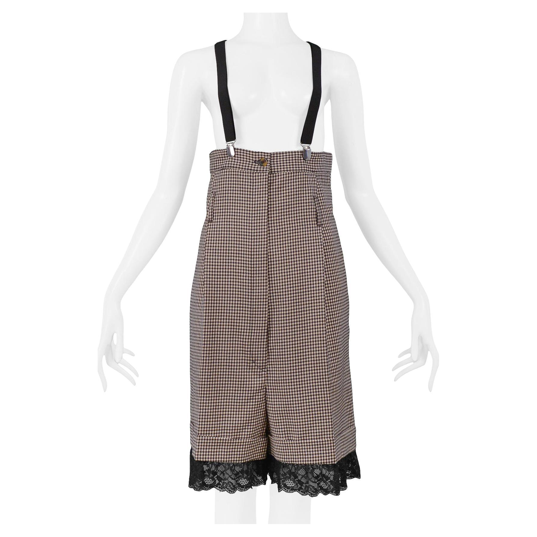 Jean Paul Gaultier Brown Check High Waisted Suspender Shorts For Sale