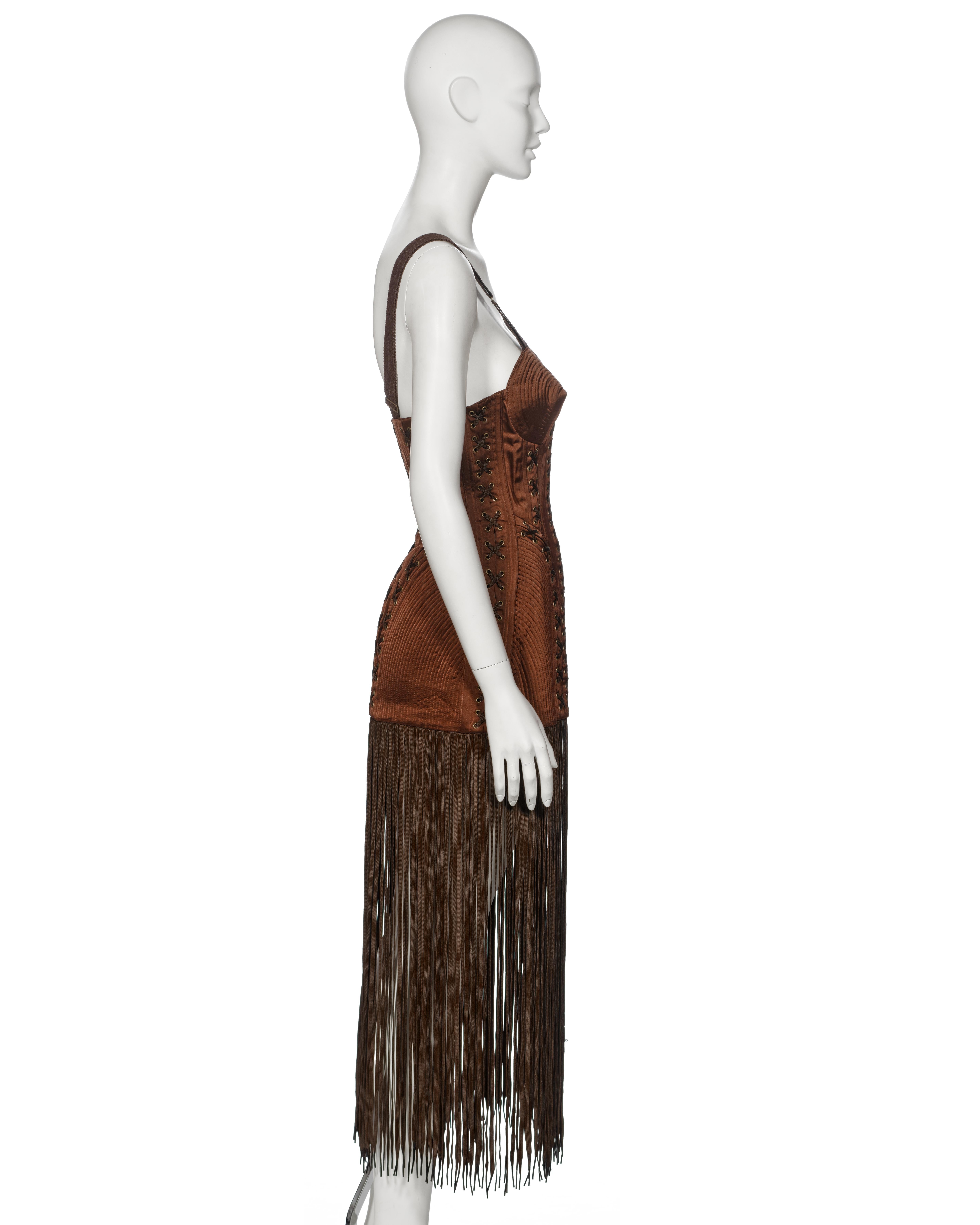 Jean Paul Gaultier Brown Corset Dress with Cone Bra and Fringed Hem, fw 1990 For Sale 6