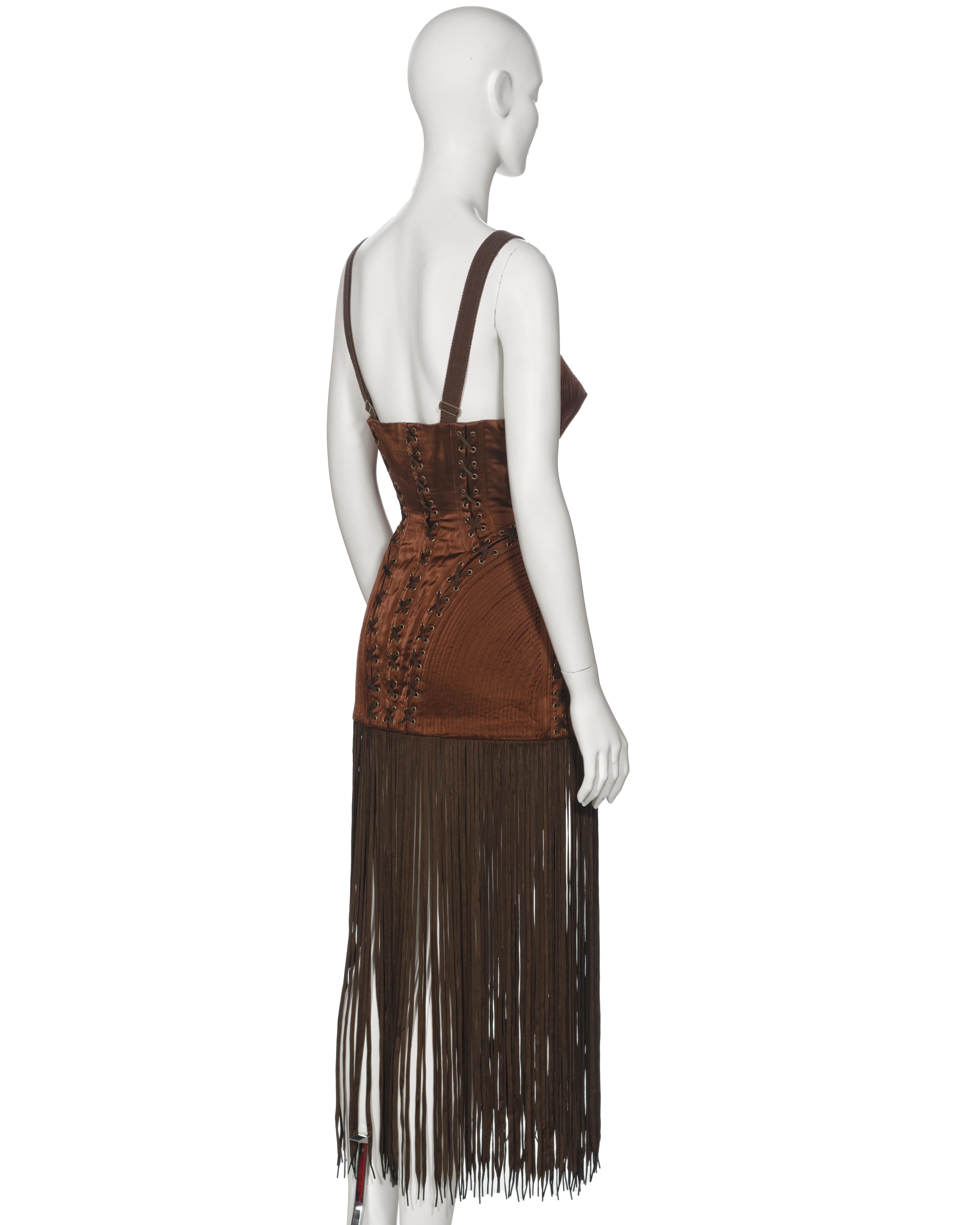 Jean Paul Gaultier Brown Corset Dress with Cone Bra and Fringed Hem, fw 1990 For Sale 7