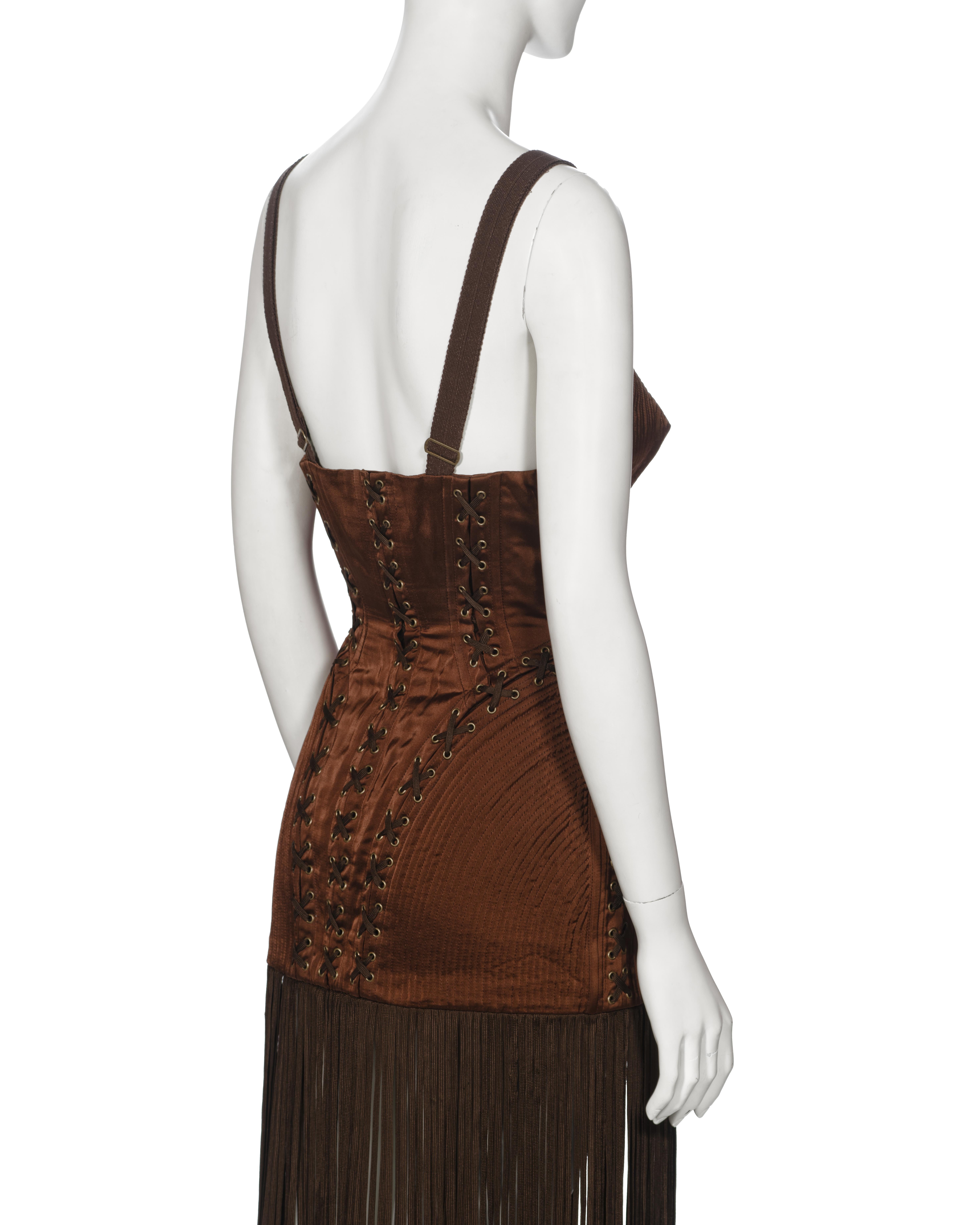Jean Paul Gaultier Brown Corset Dress with Cone Bra and Fringed Hem, fw 1990 For Sale 8