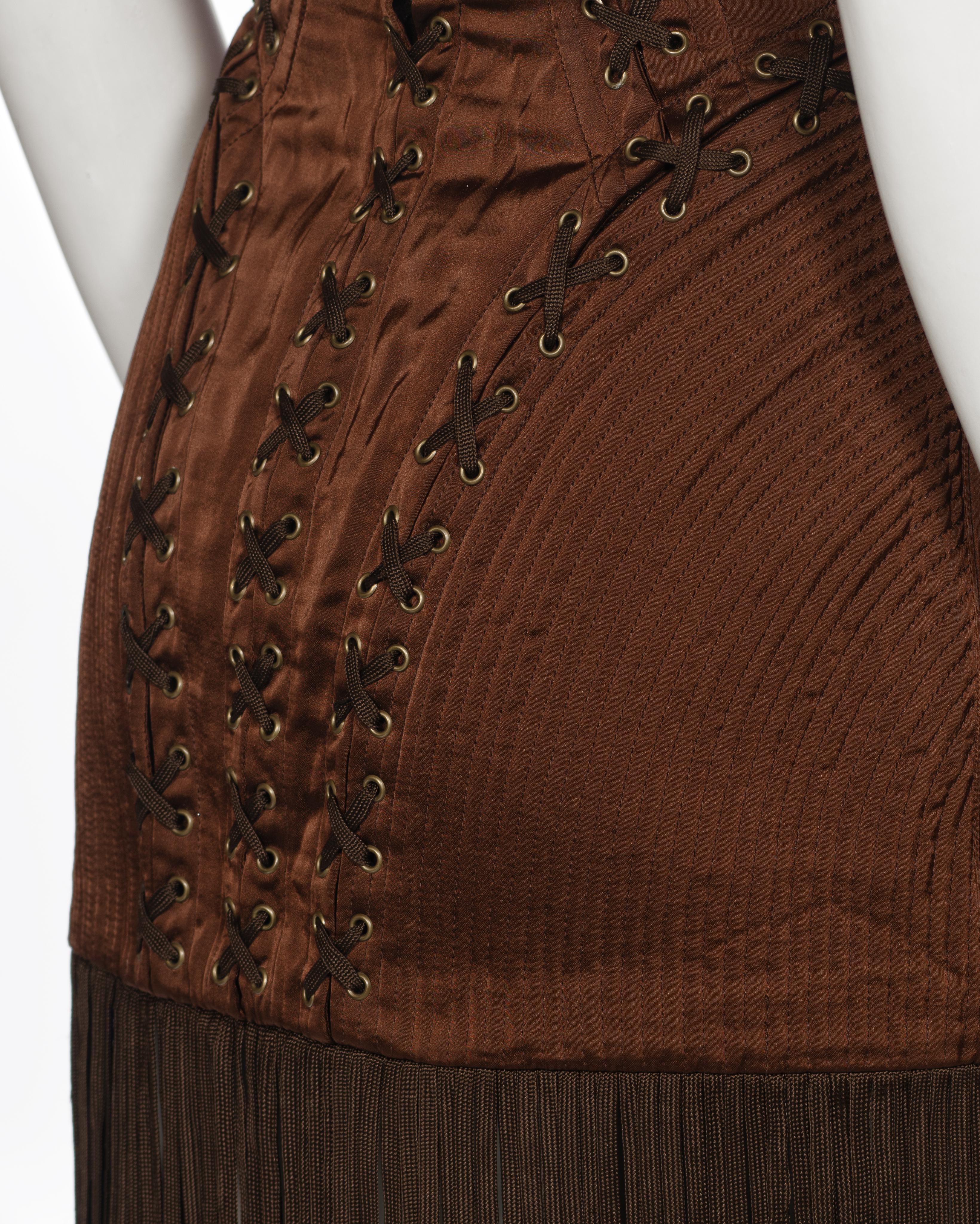 Jean Paul Gaultier Brown Corset Dress with Cone Bra and Fringed Hem, fw 1990 For Sale 9