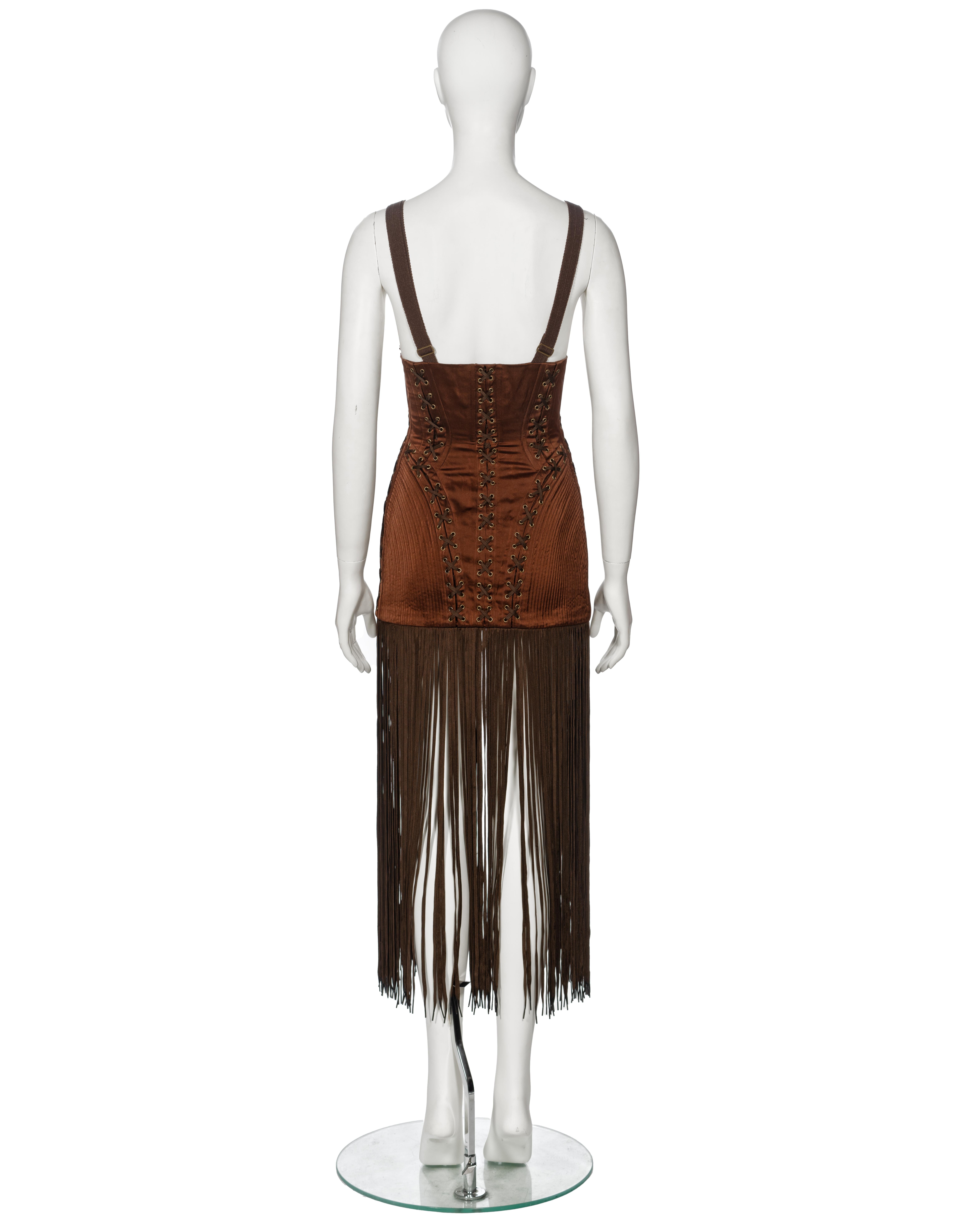 Jean Paul Gaultier Brown Corset Dress with Cone Bra and Fringed Hem, fw 1990 For Sale 10