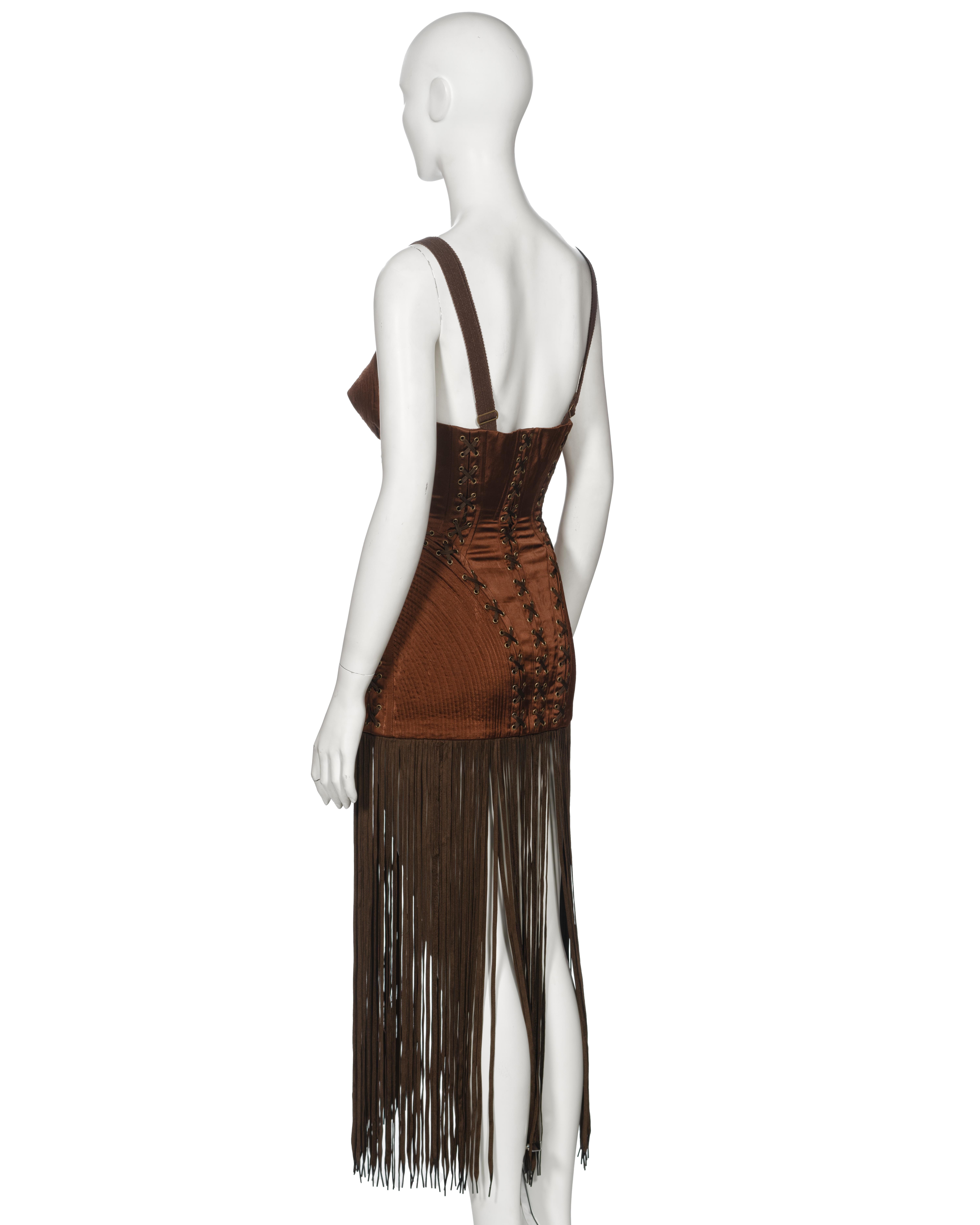 Jean Paul Gaultier Brown Corset Dress with Cone Bra and Fringed Hem, fw 1990 For Sale 12